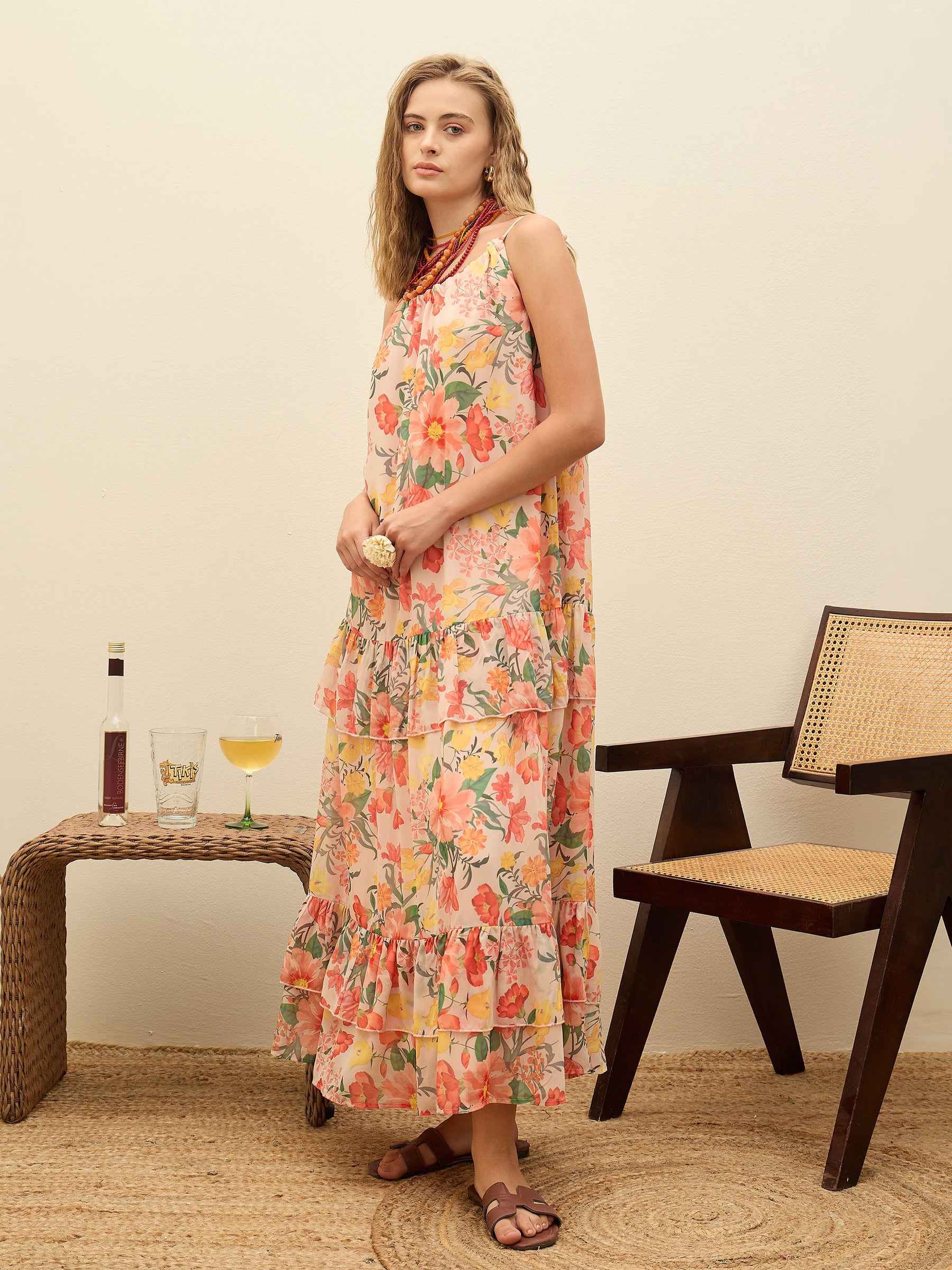 Beige Floral Strappy Maxi Dress-SASSAFRAS