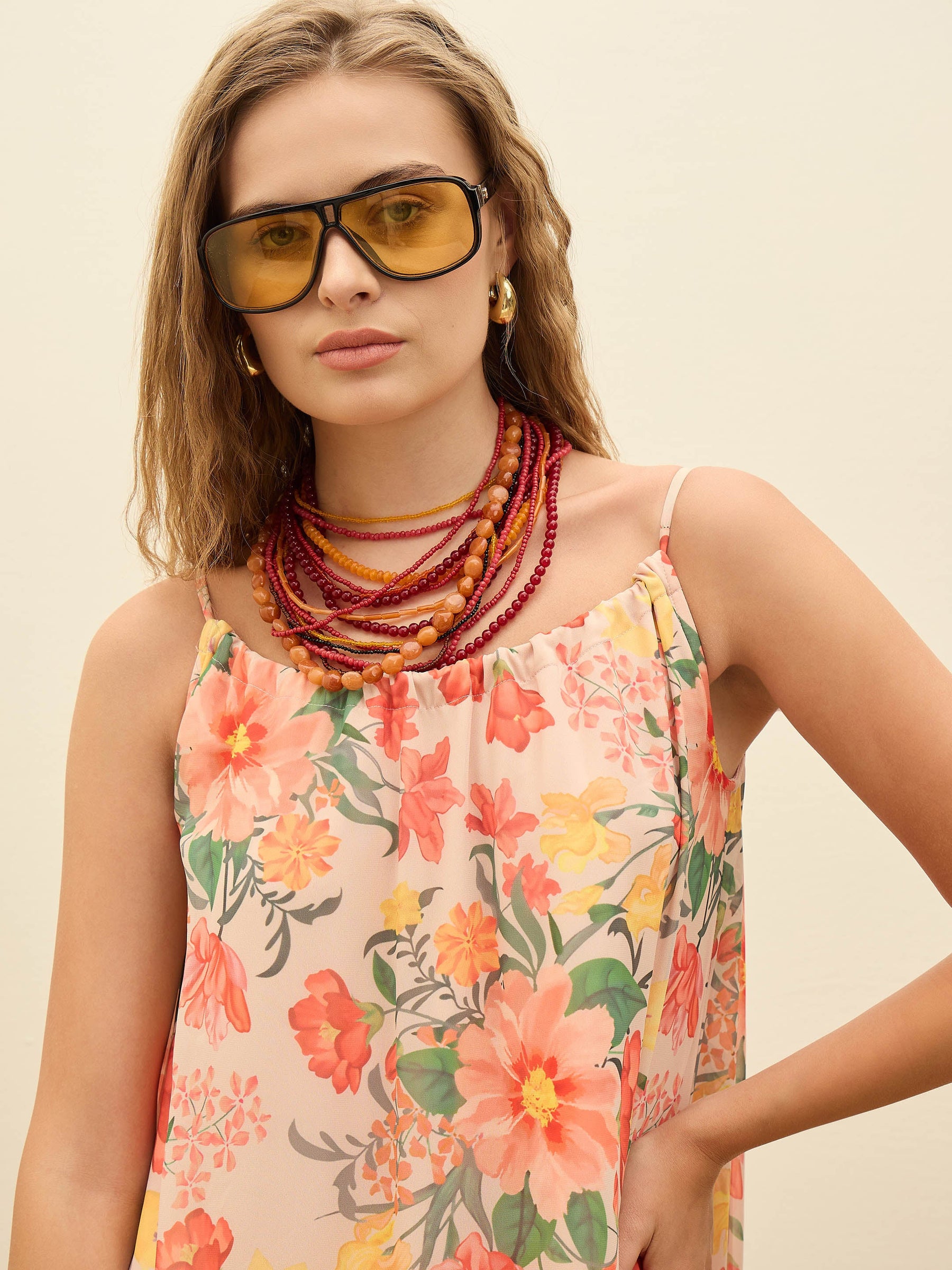 Beige Floral Strappy Maxi Dress-SASSAFRAS