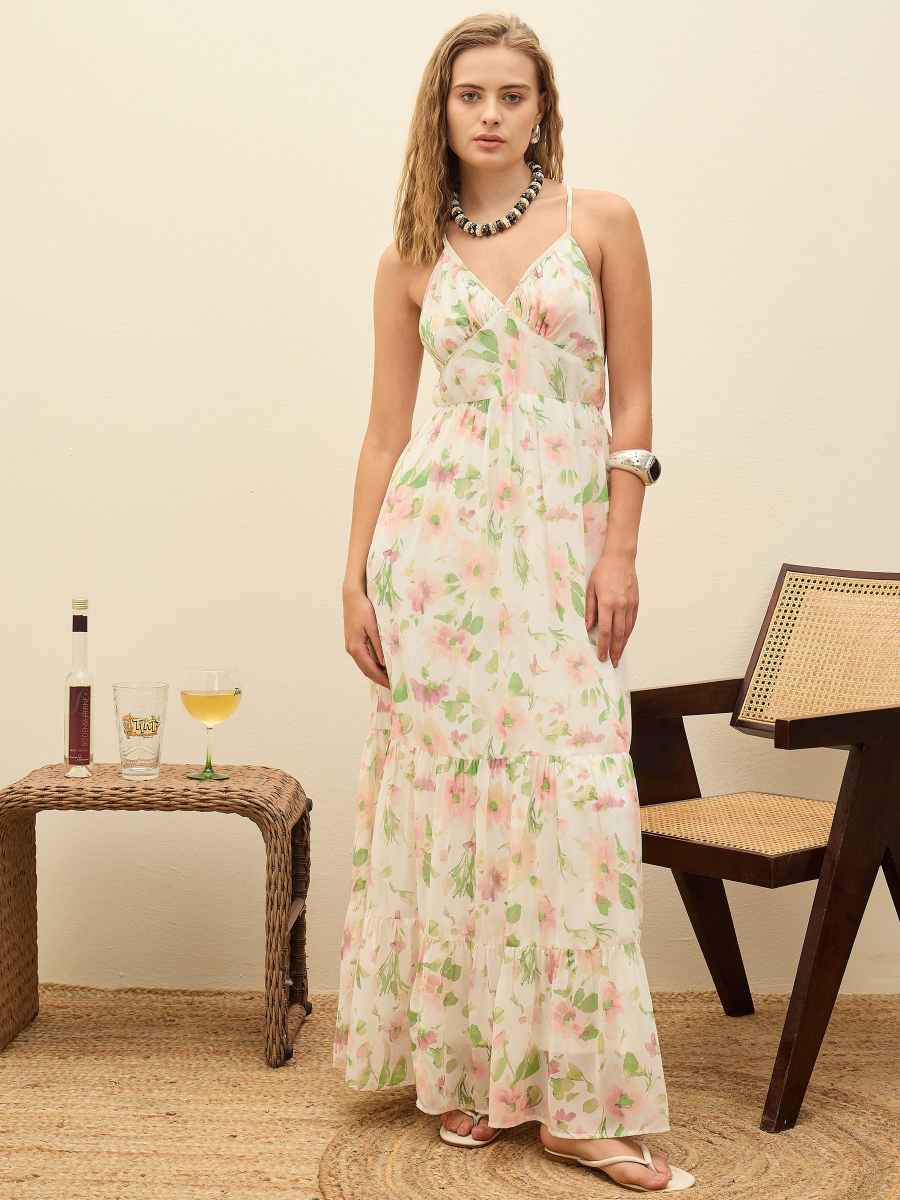 White Floral Back-Cut Out Maxi Dress-SASSAFRAS