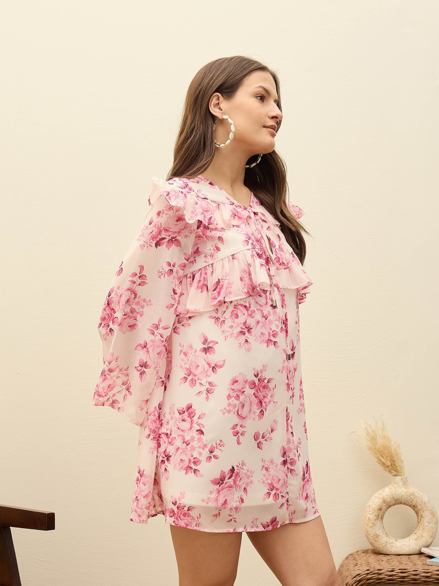 Pink Floral A-Line Short Dress-SASSAFRAS