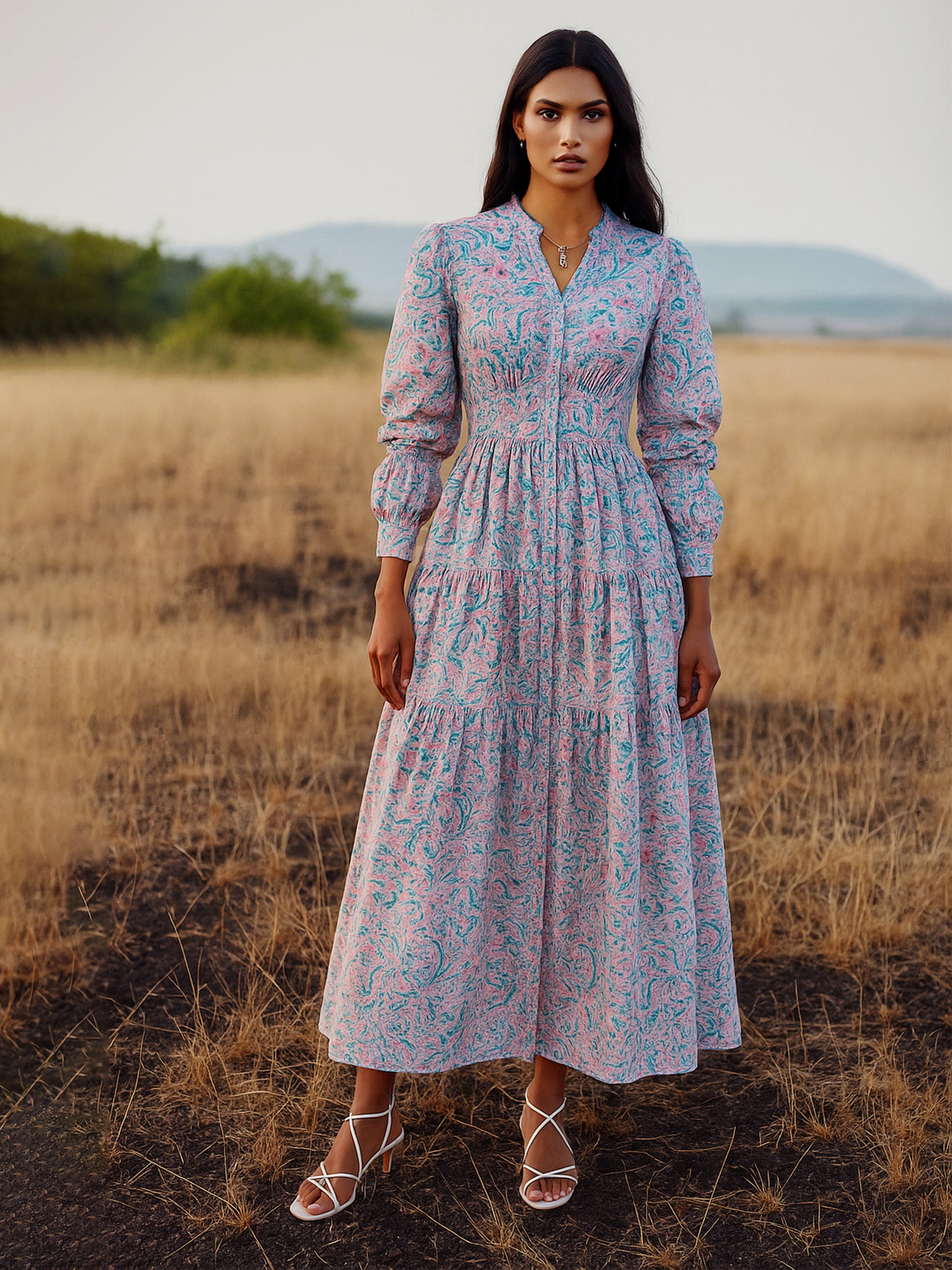 Women Blue Paisley V-Neck Gathered Maxi Dress