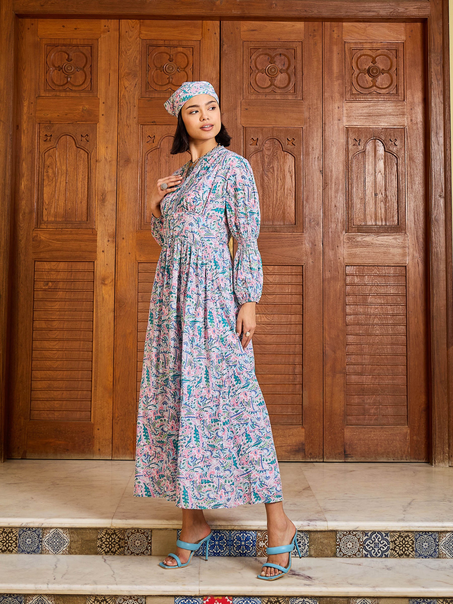 Blue Paisley V-Neck Gathered Maxi Dress-Pink Paprika By SASSAFRAS