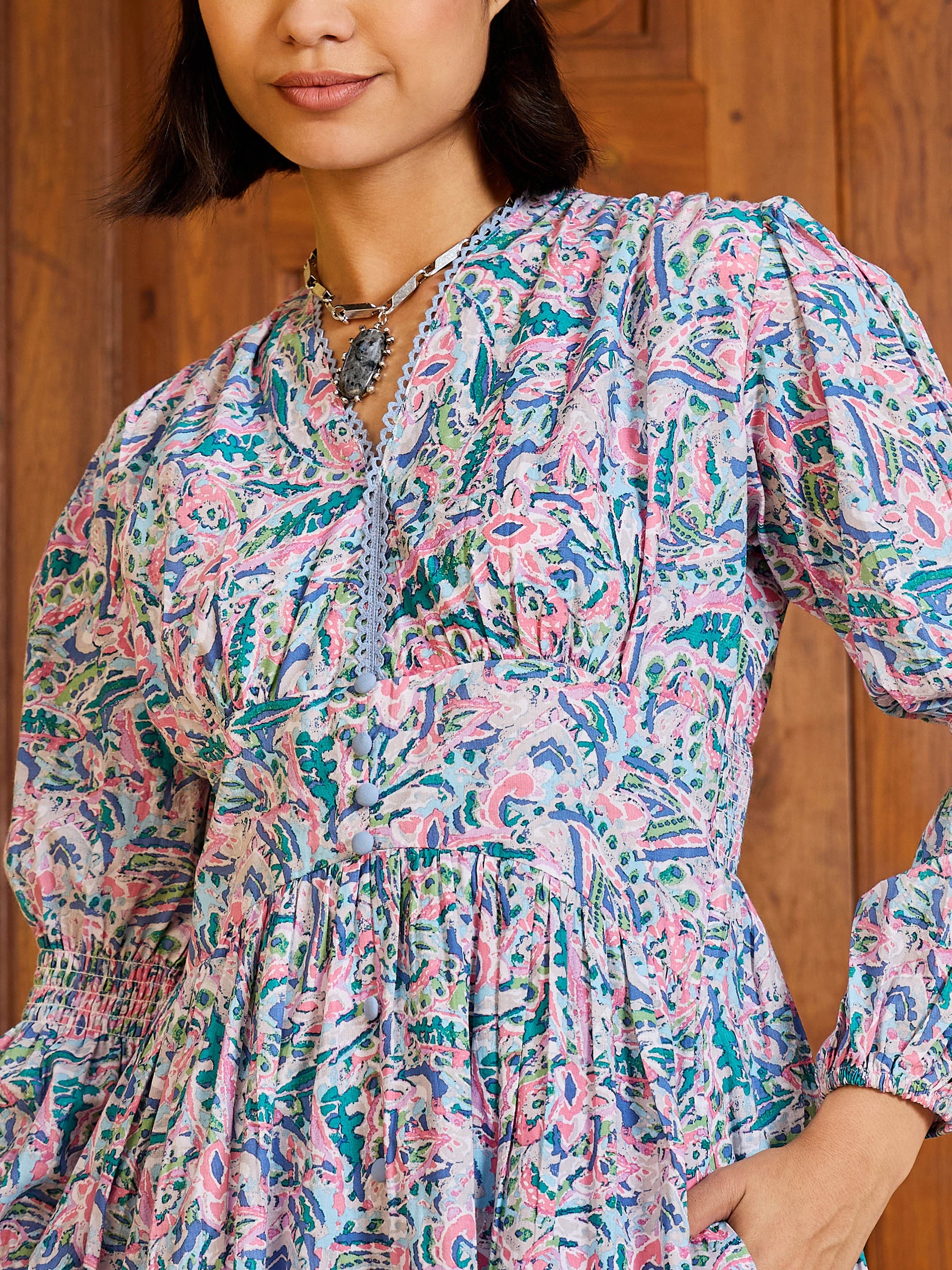 Blue Paisley V-Neck Gathered Maxi Dress-Pink Paprika By SASSAFRAS