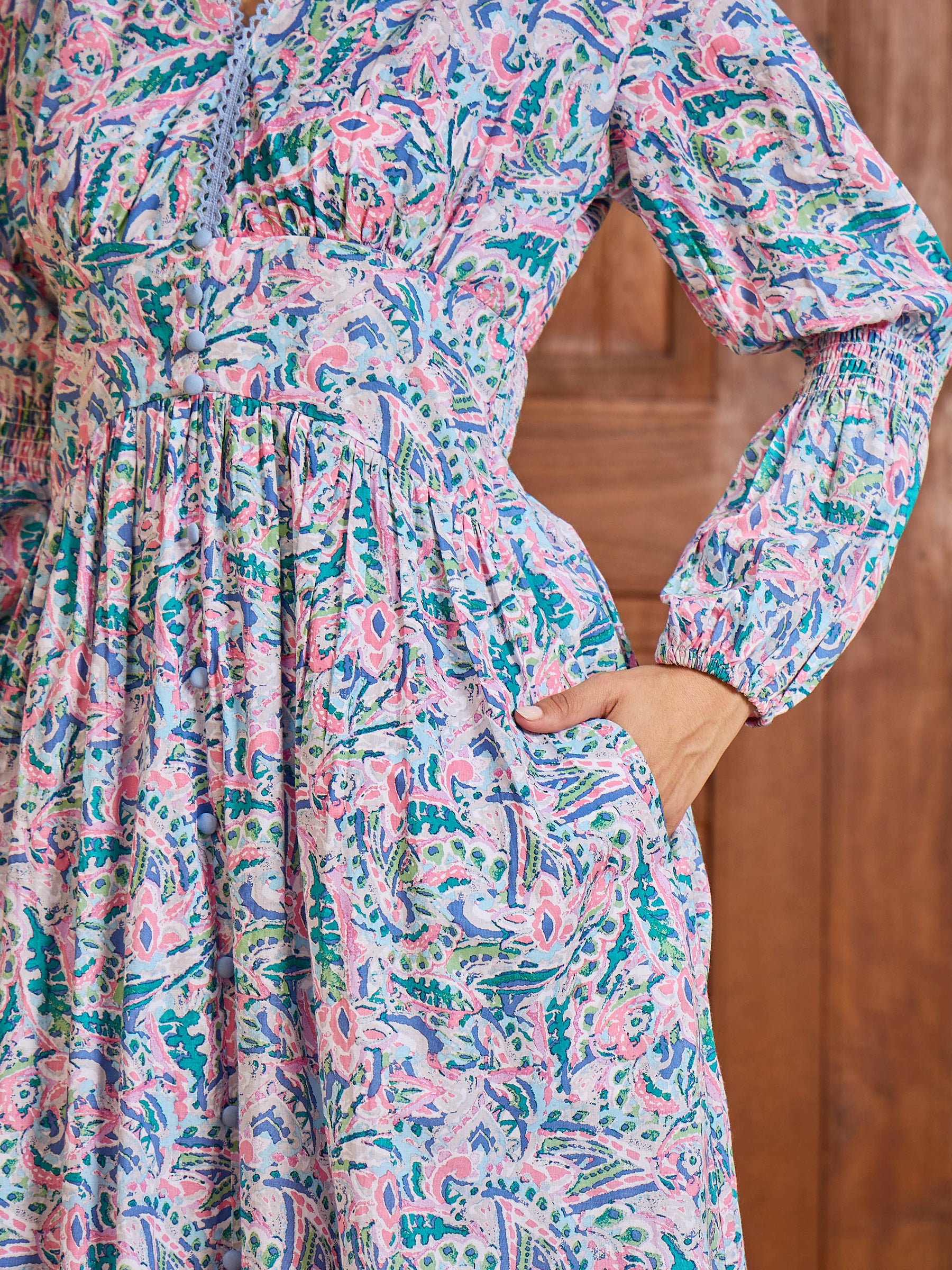 Blue Paisley V-Neck Gathered Maxi Dress-Pink Paprika By SASSAFRAS