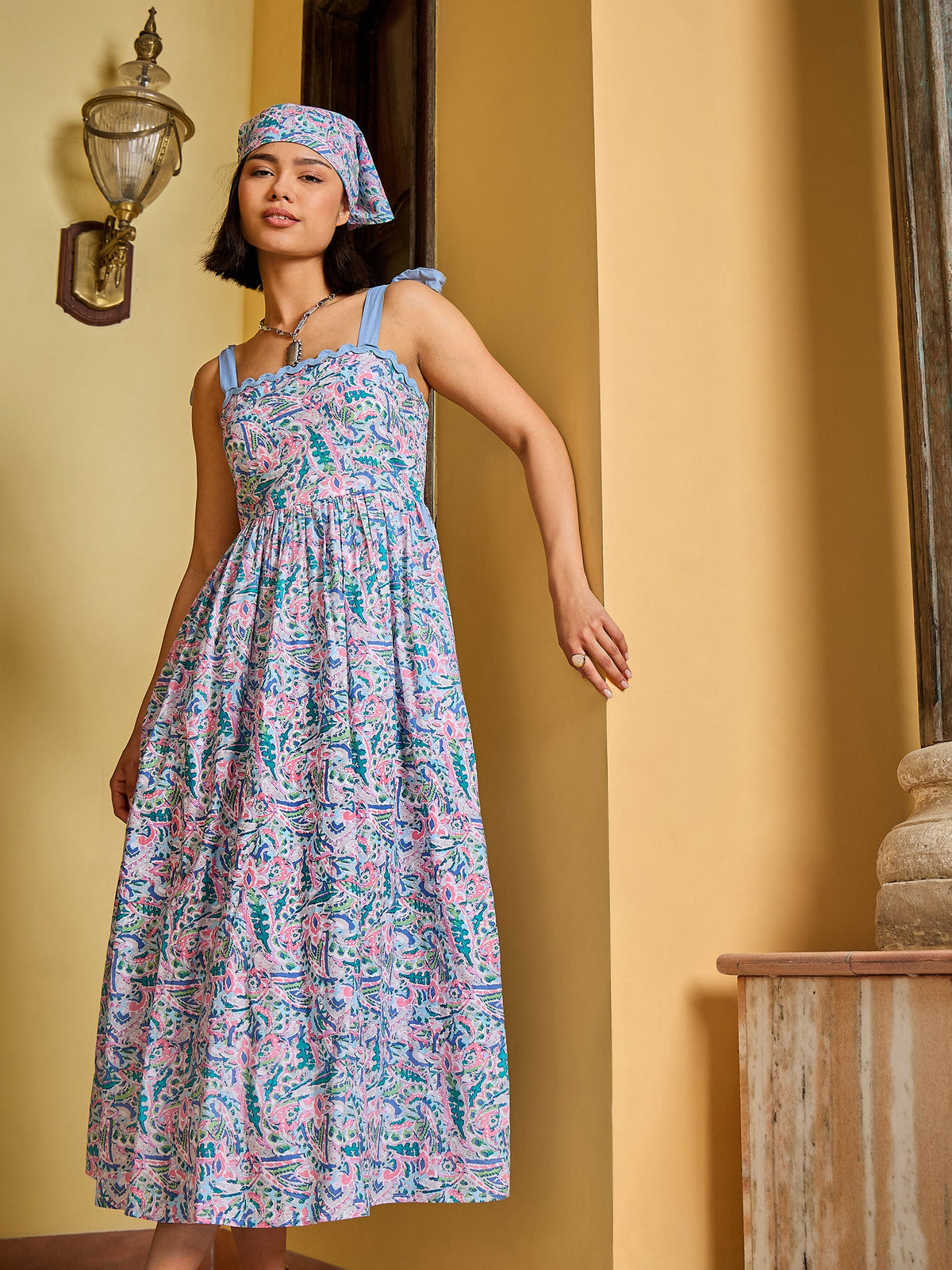 Blue Paisley Strappy Tie-up Midi Dress-Pink Paprika By SASSAFRAS