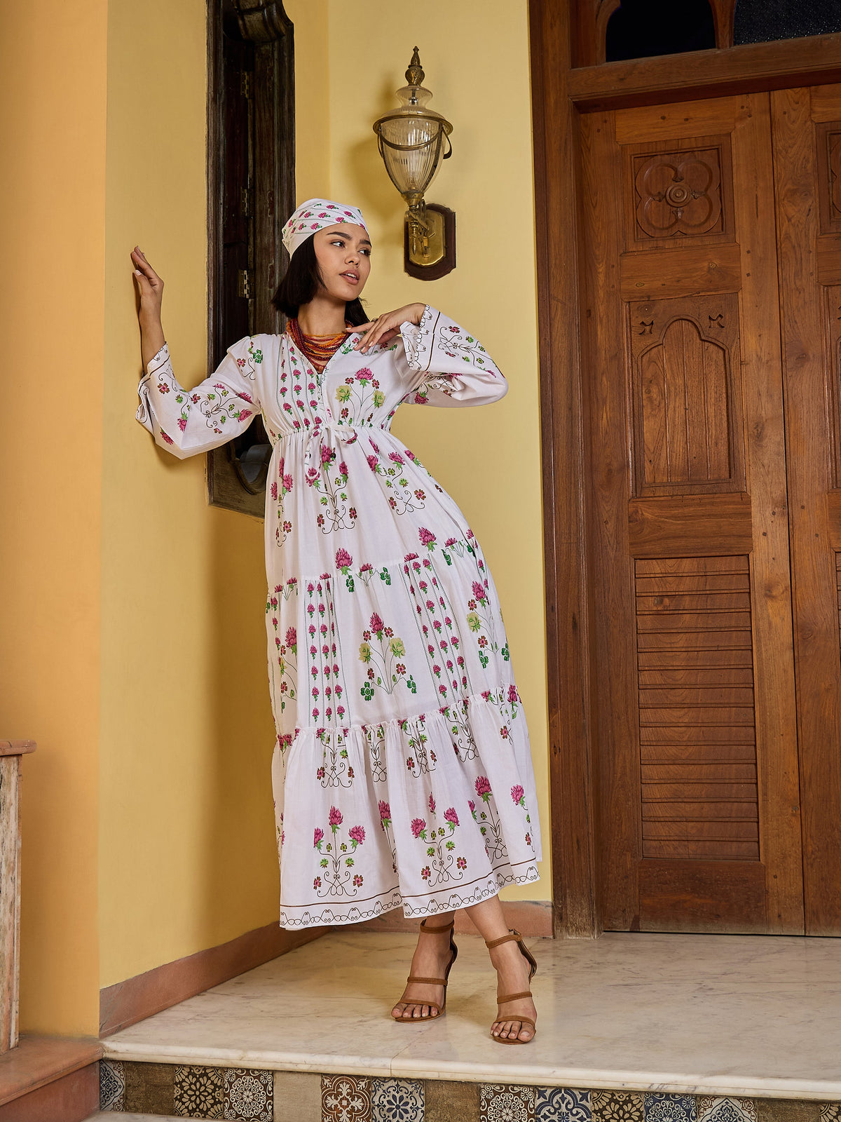 White Floral V-Neck Waist Tie Knot Midi Dress-Pink Paprika By SASSAFRAS