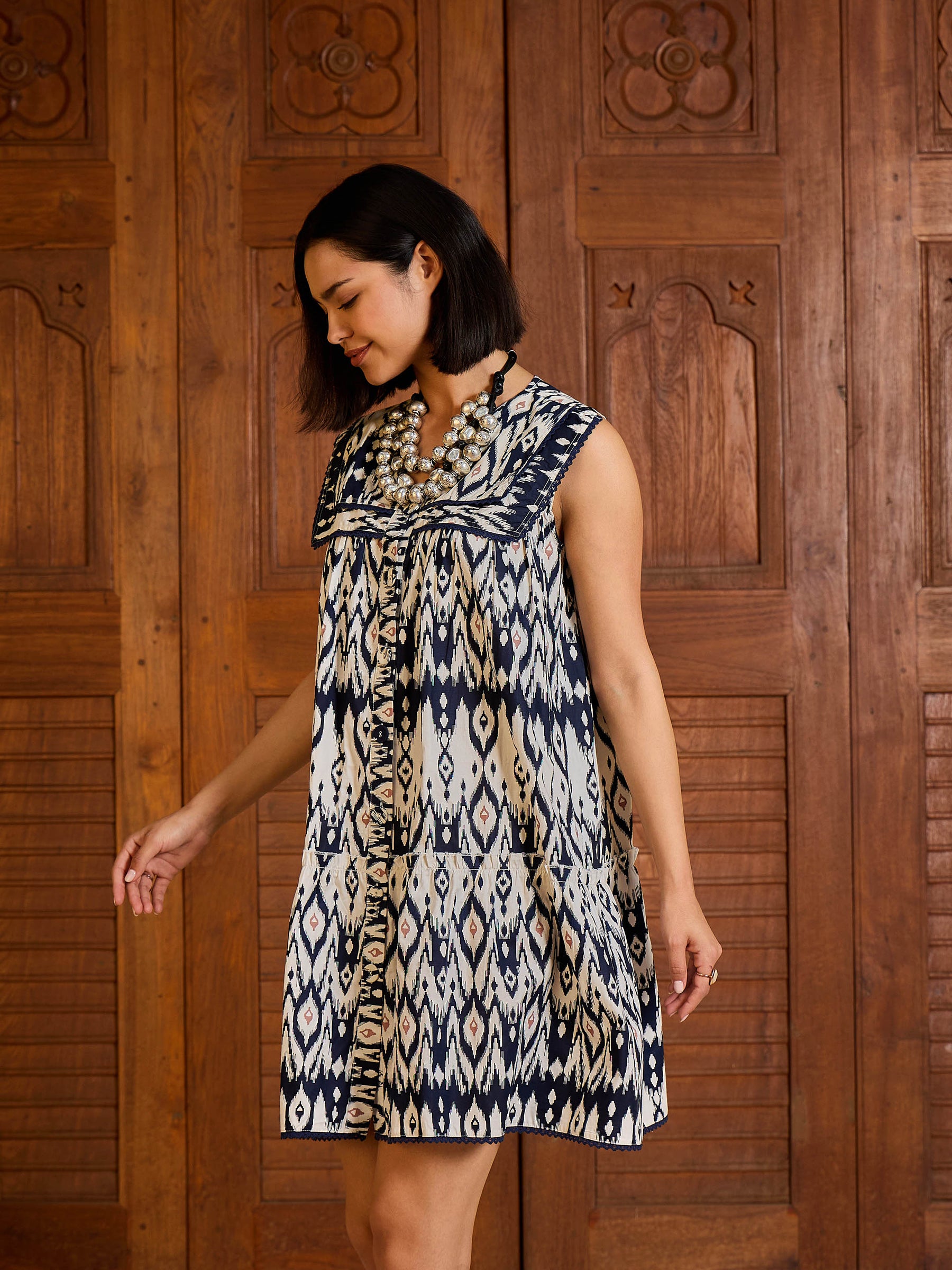 Navy & White Ikat Print Button Down Short Dress-Pink Paprika By SASSAFRAS
