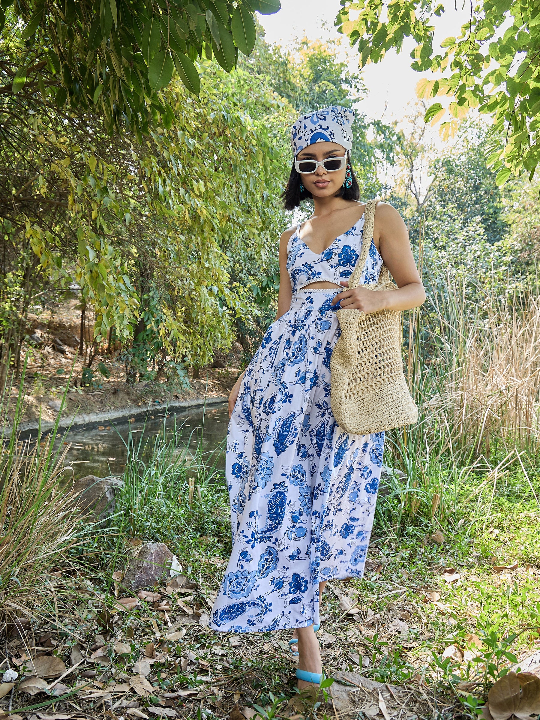 White & Blue Floral Front Cut Out Strappy Midi Dress-Pink Paprika By SASSAFRAS