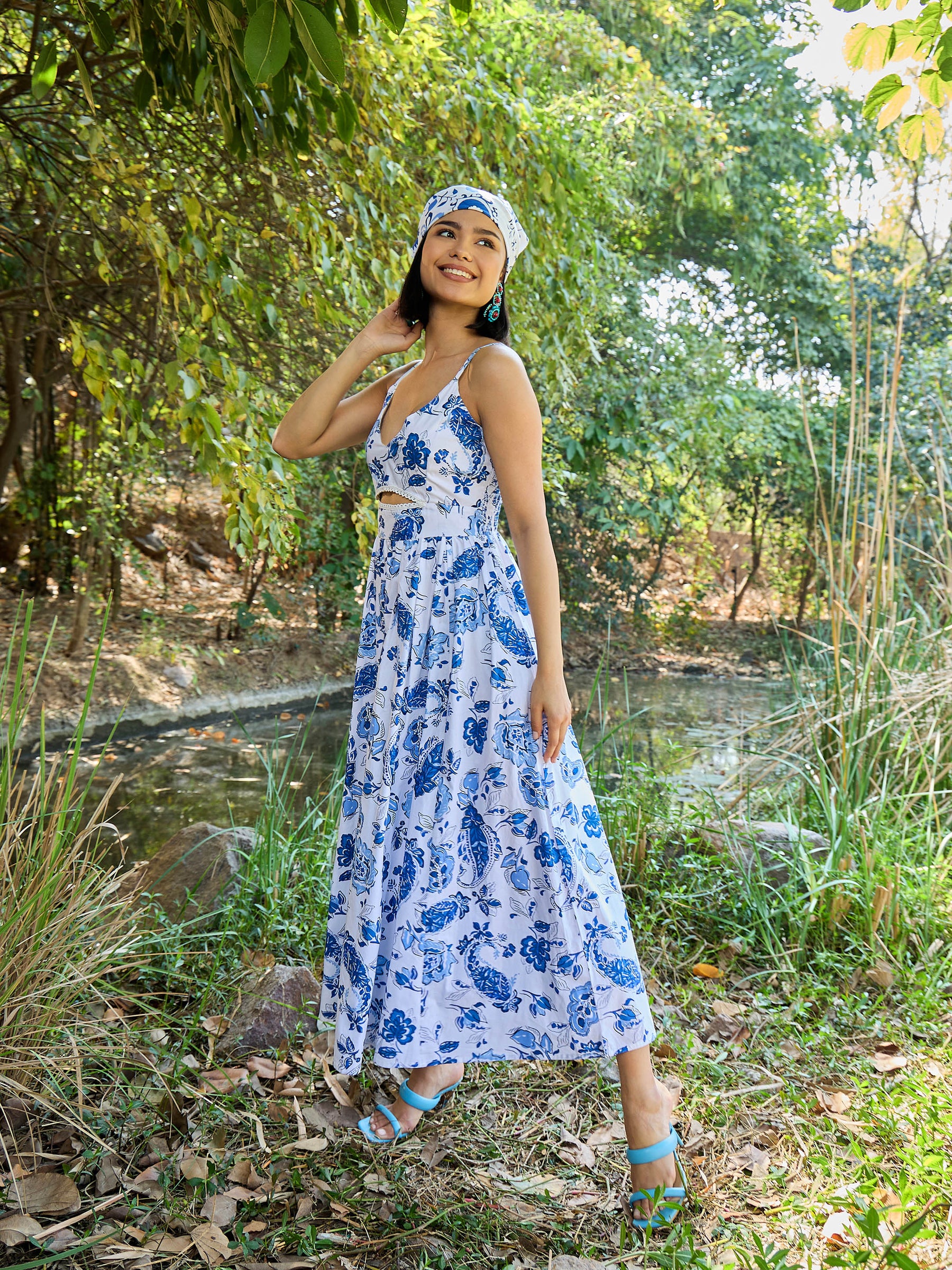 White & Blue Floral Front Cut Out Strappy Midi Dress-Pink Paprika By SASSAFRAS