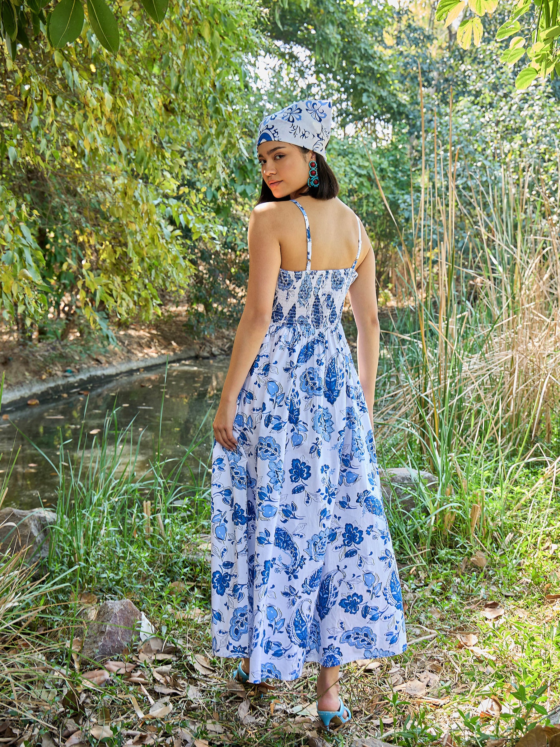 White & Blue Floral Front Cut Out Strappy Midi Dress-Pink Paprika By SASSAFRAS