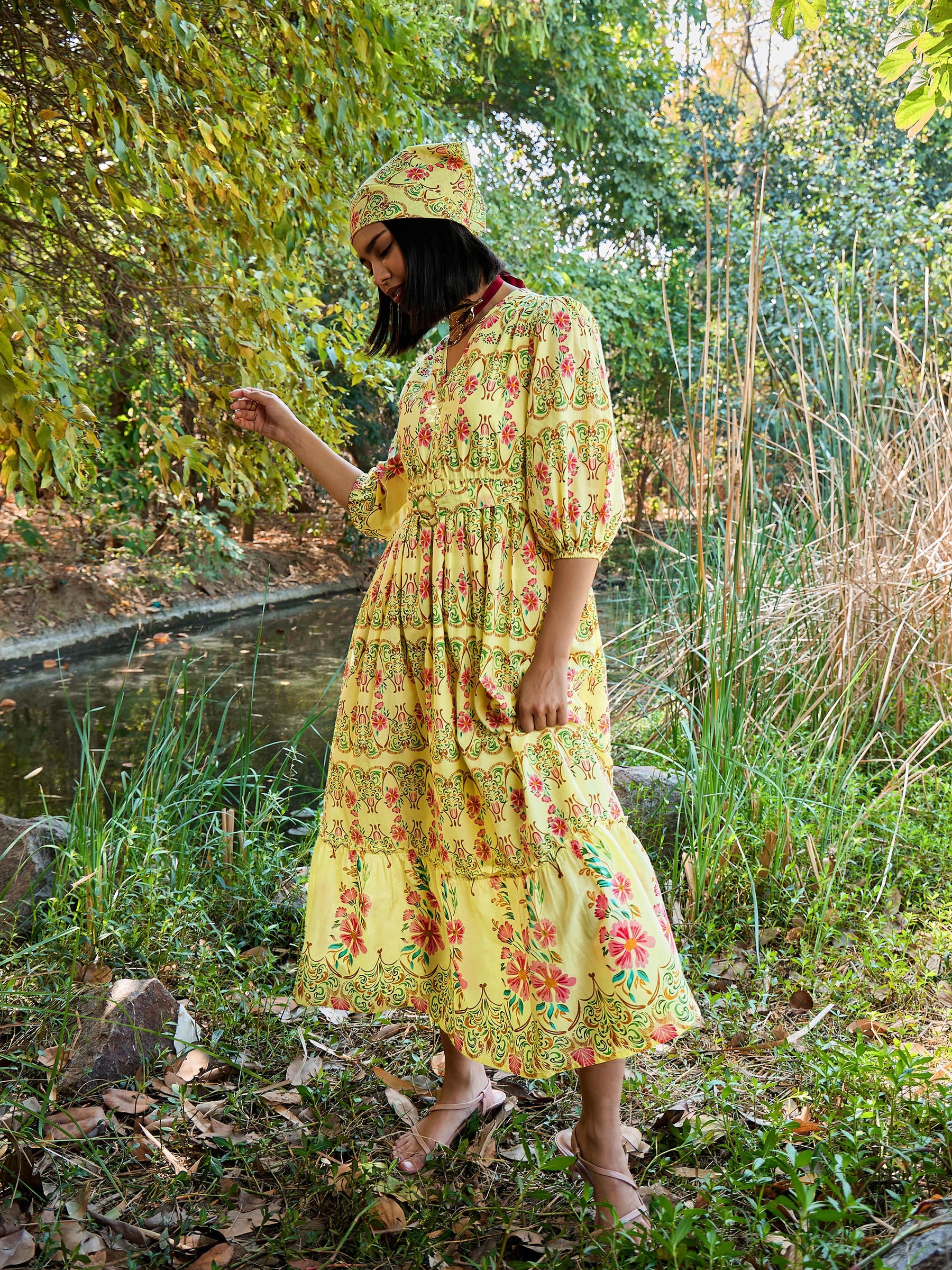 Yellow Floral V Neck Gathered Midi Dress-Pink Paprika By SASSAFRAS