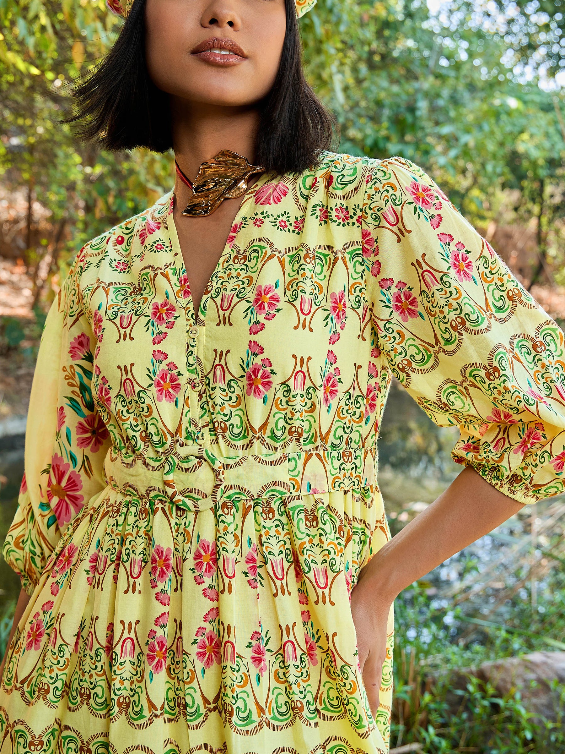 Yellow Floral V Neck Gathered Midi Dress-Pink Paprika By SASSAFRAS