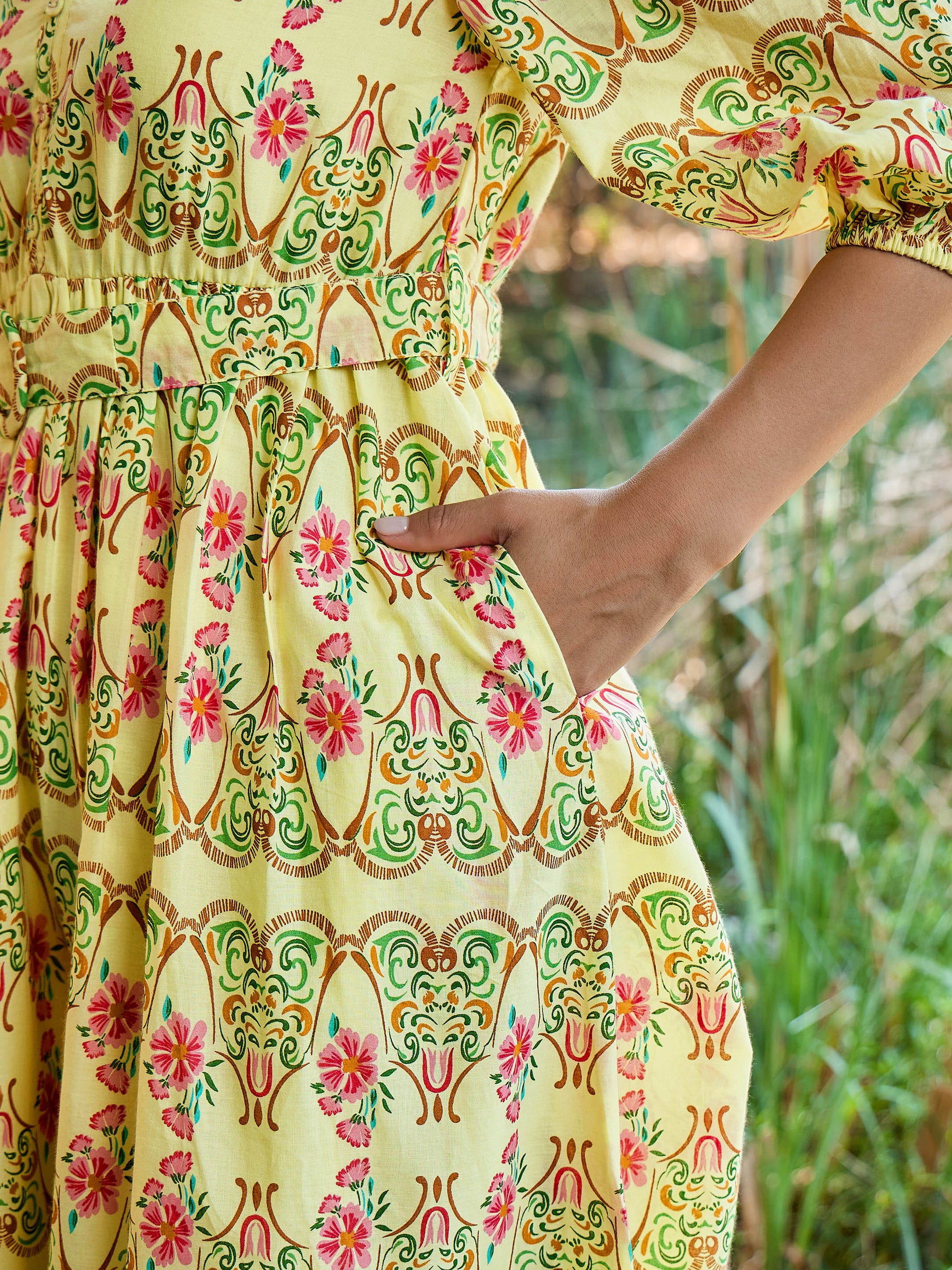 Yellow Floral V Neck Gathered Midi Dress-Pink Paprika By SASSAFRAS
