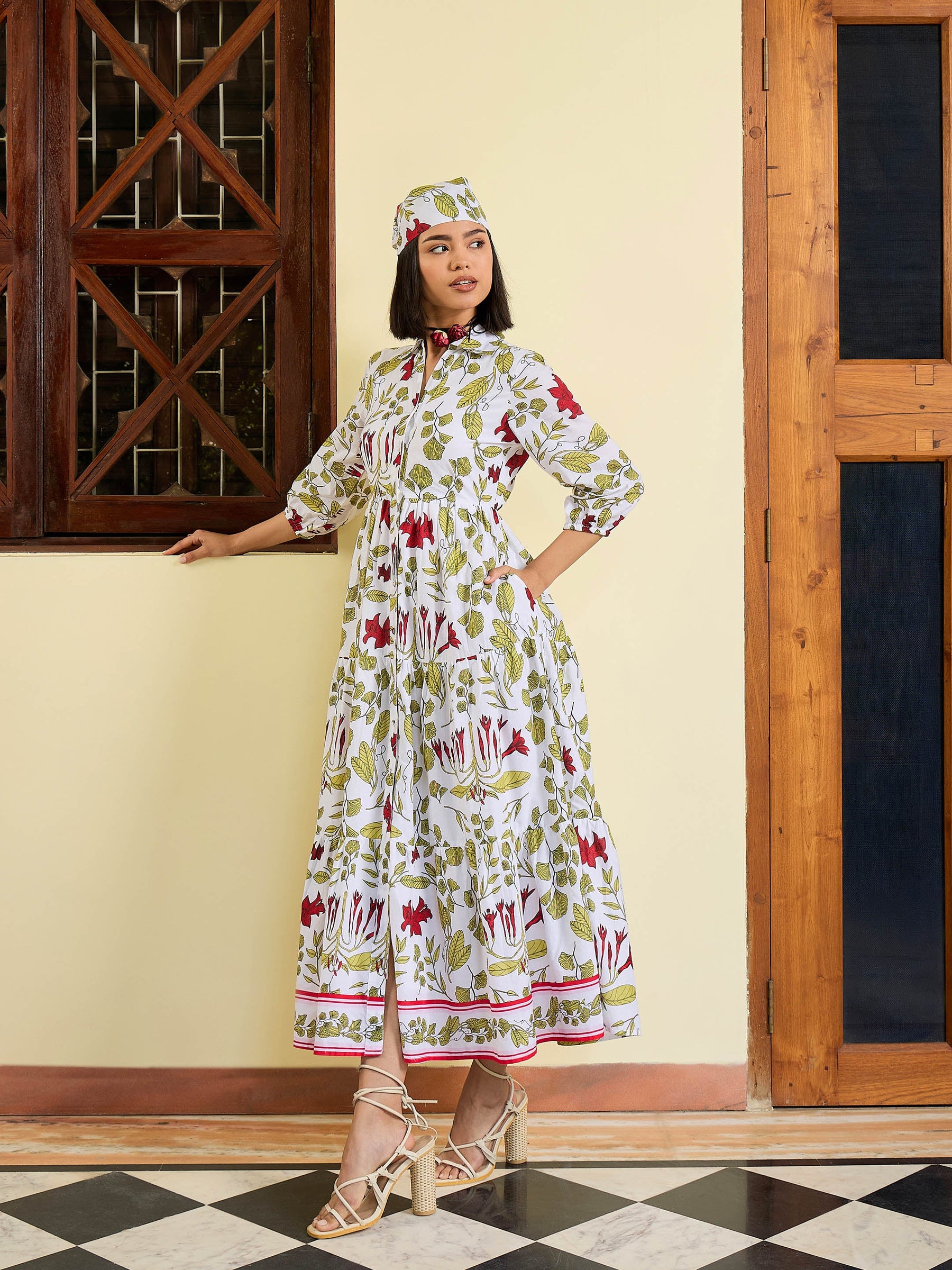 White Floral Front Button Tired Maxi Dress-Pink Paprika By SASSAFRAS