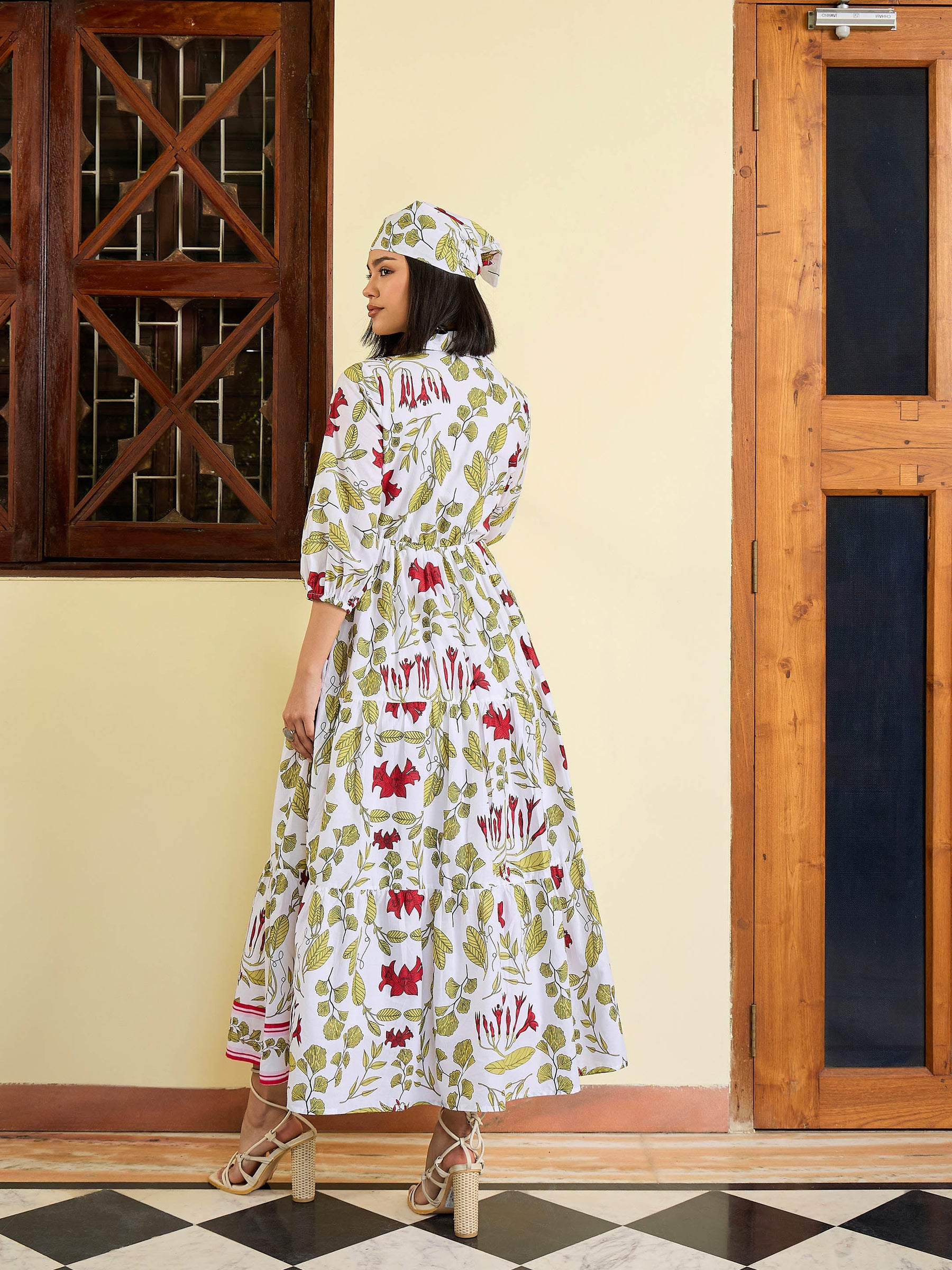 White Floral Front Button Tired Maxi Dress-Pink Paprika By SASSAFRAS