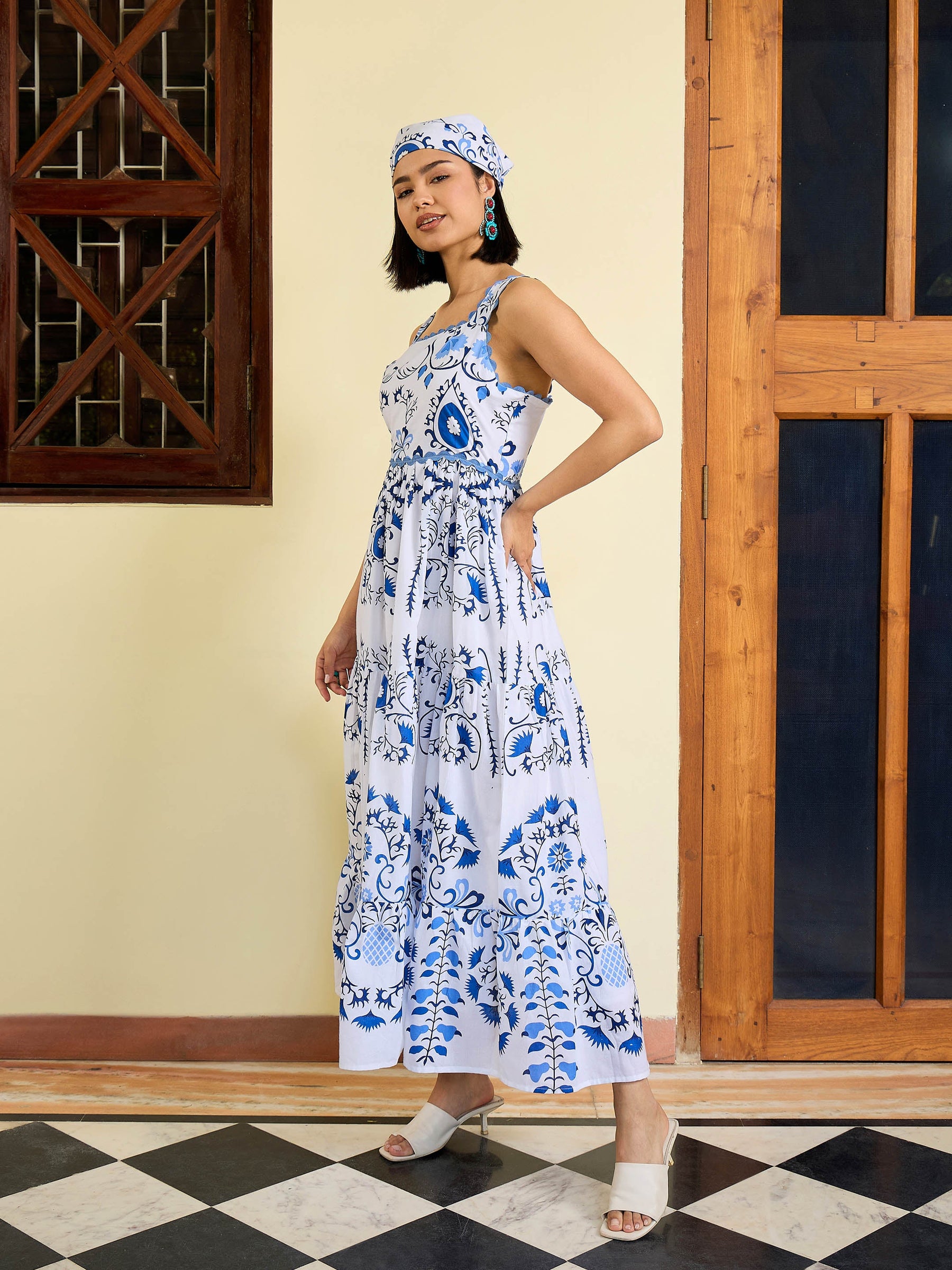 White & Blue Floral Strappy Tired Maxi Dress-Pink Paprika By SASSAFRAS