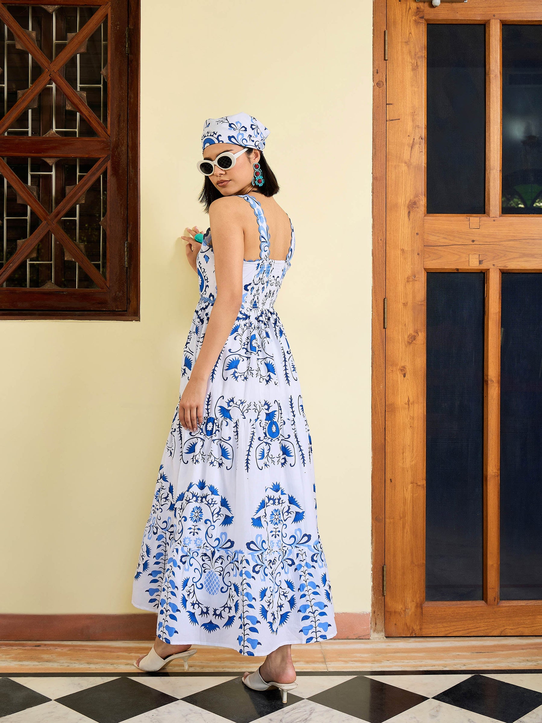 White & Blue Floral Strappy Tired Maxi Dress-Pink Paprika By SASSAFRAS