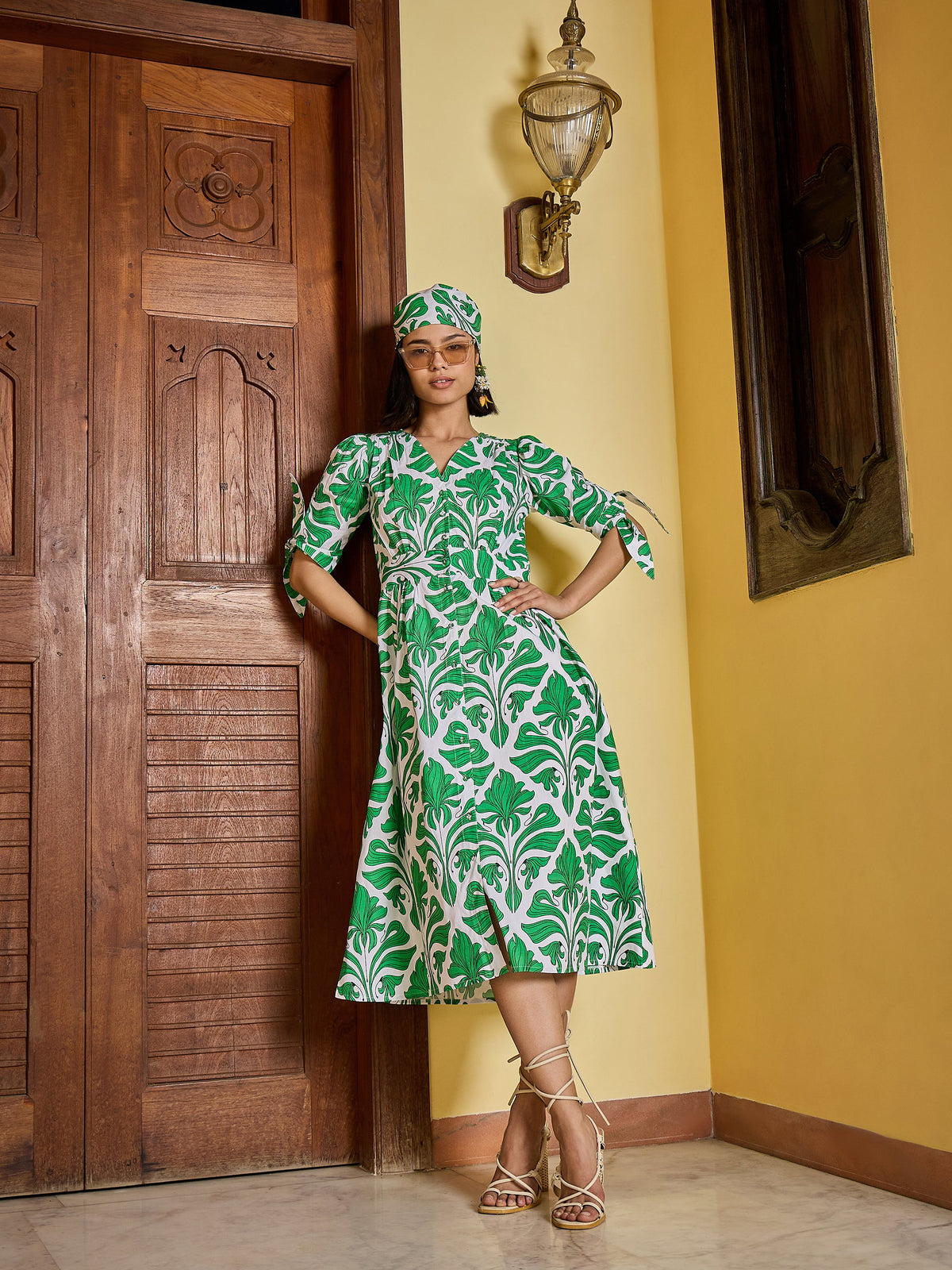 Green & White Front Button Midi Dress-Pink Paprika By SASSAFRAS