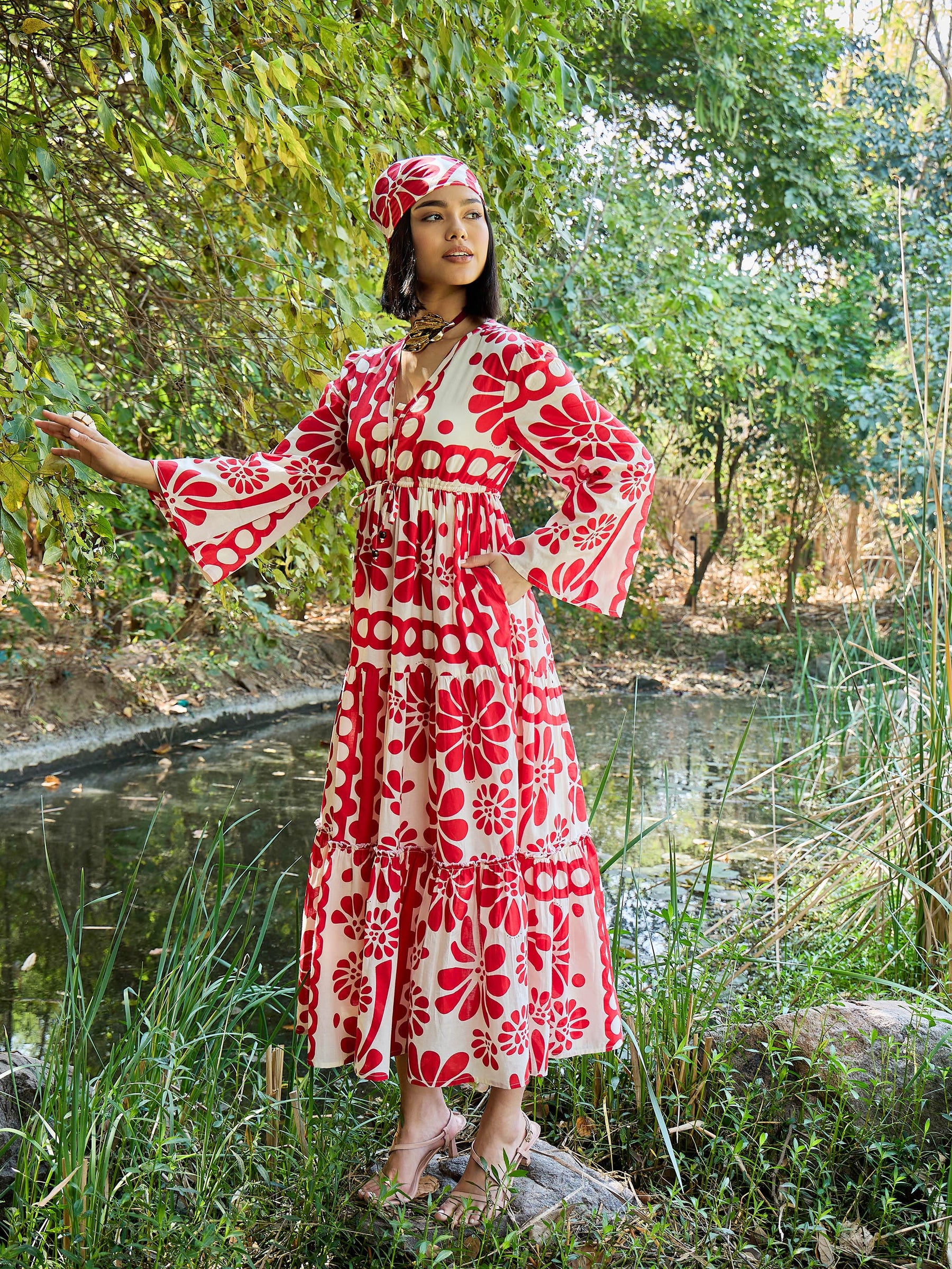 Beige & Red Floral V Neck Waist Tie Knot Midi Dress-Pink Paprika By SASSAFRAS