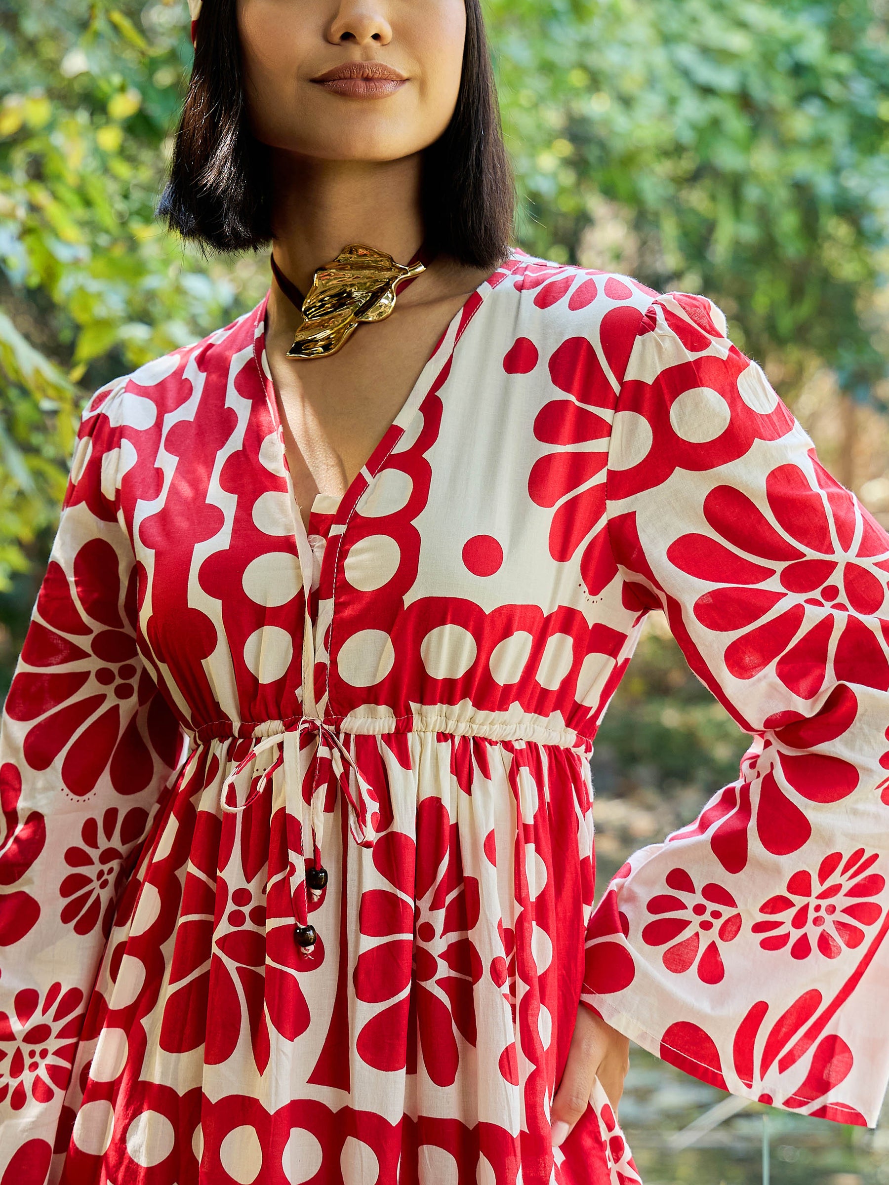 Beige & Red Floral V Neck Waist Tie Knot Midi Dress-Pink Paprika By SASSAFRAS