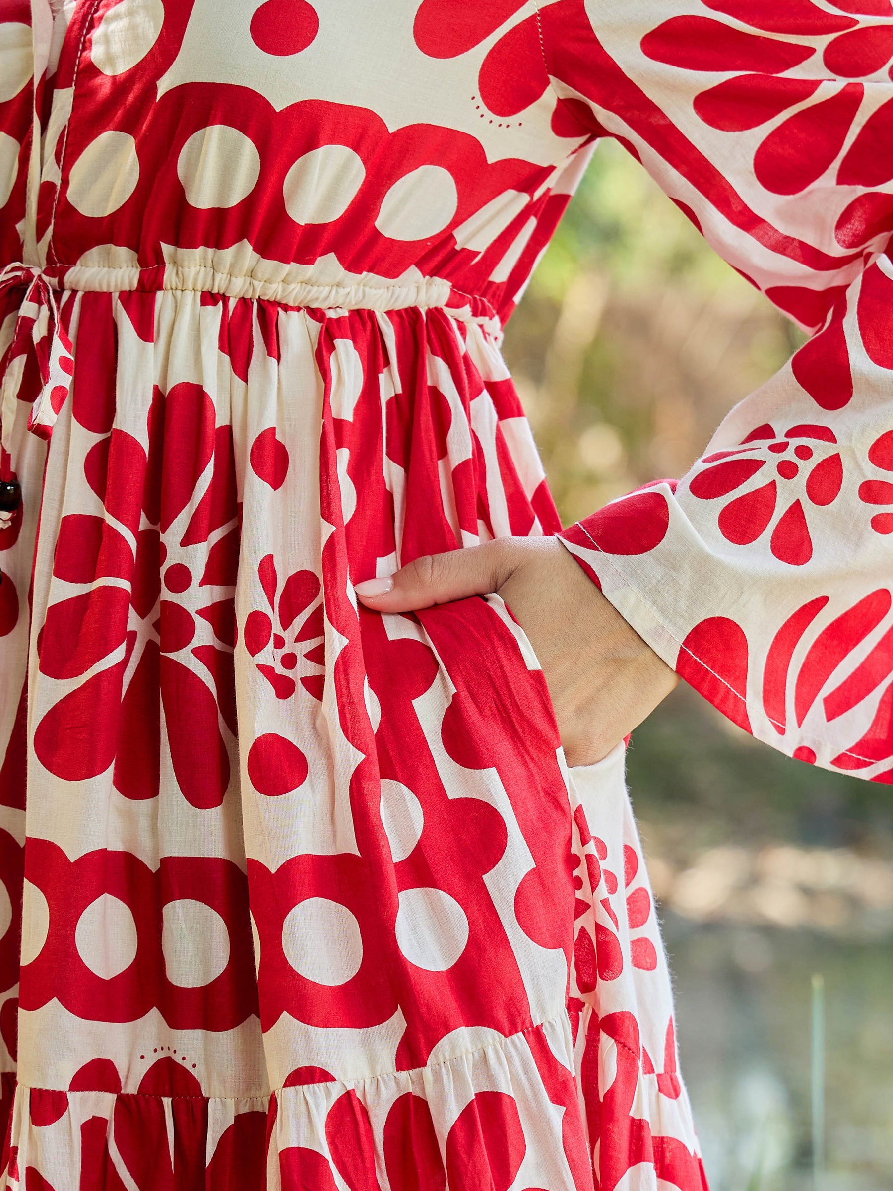 Beige & Red Floral V Neck Waist Tie Knot Midi Dress-Pink Paprika By SASSAFRAS
