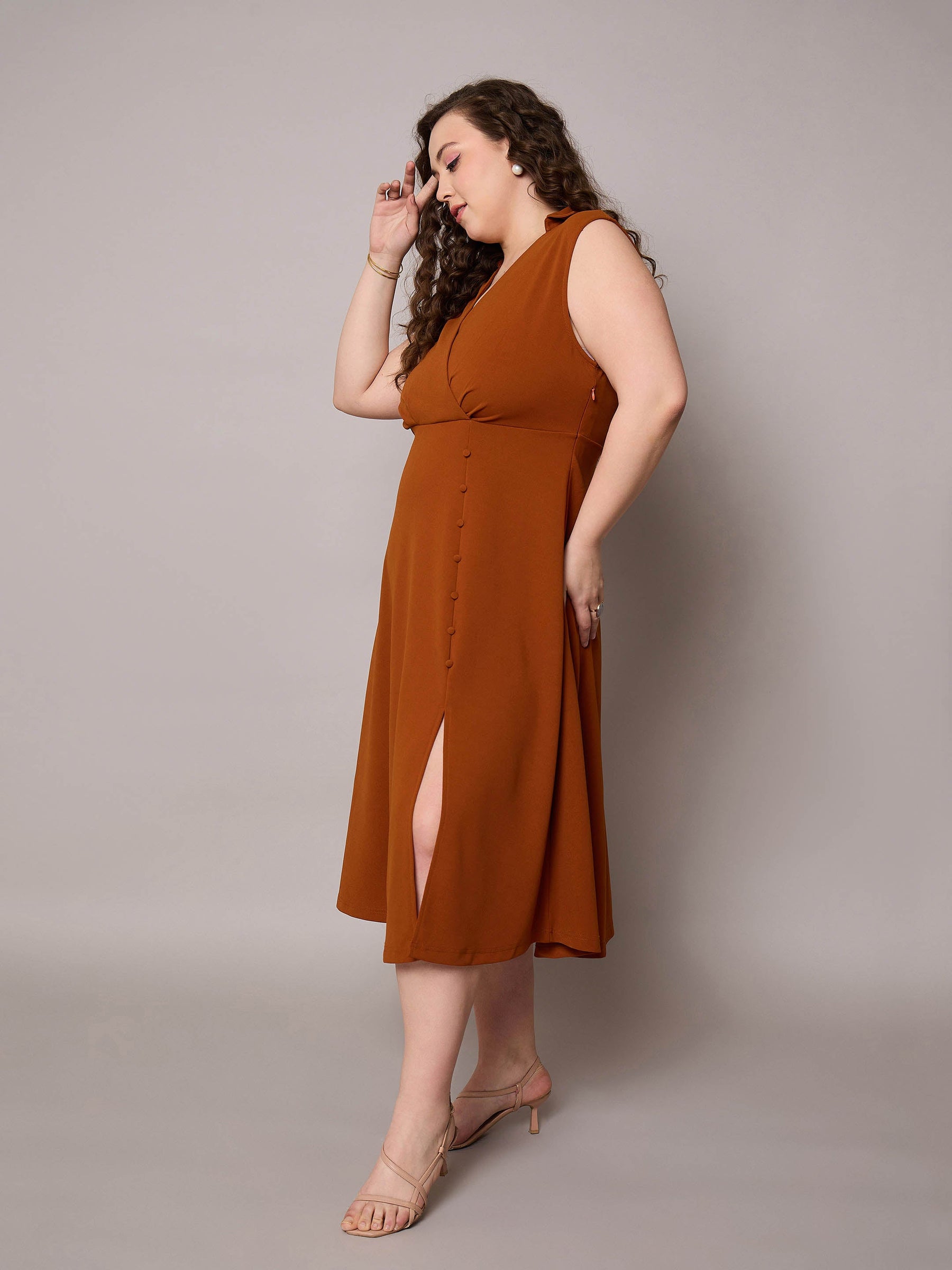 Rust Sleeveless Side Slit Midi Dress-SASSAFRAS Curve