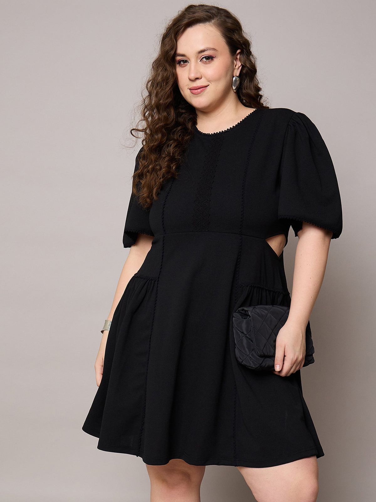 Black Side Cut Out Frill Sleeves Dress-SASSAFRAS Curve