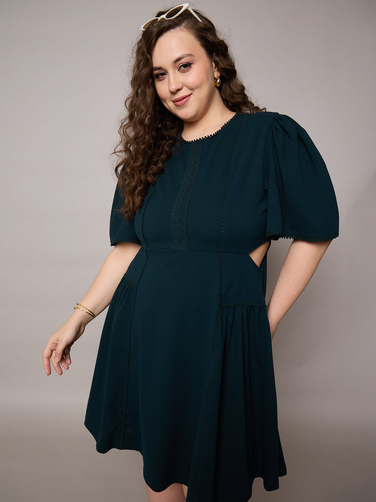 Emerald Green Side Cut Out Frill Sleeves Dress-SASSAFRAS Curve