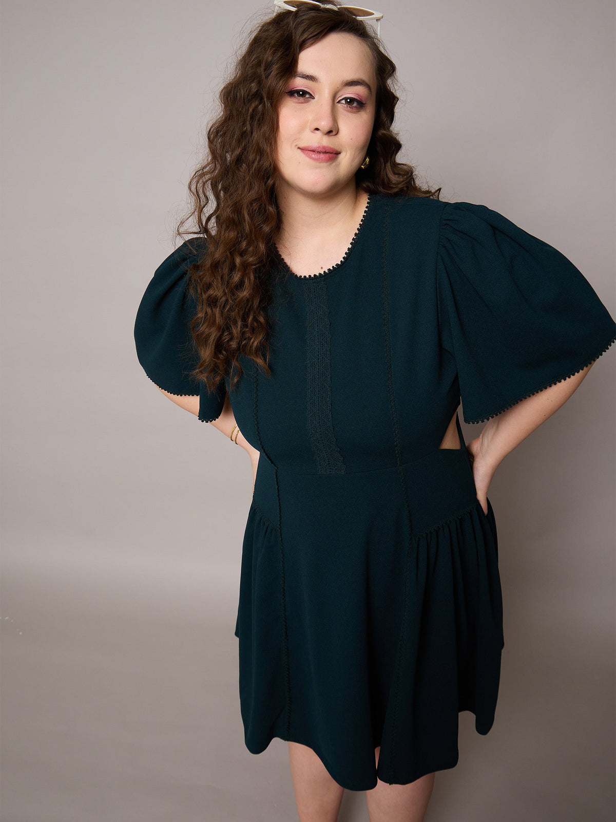 Emerald Green Side Cut Out Frill Sleeves Dress-SASSAFRAS Curve