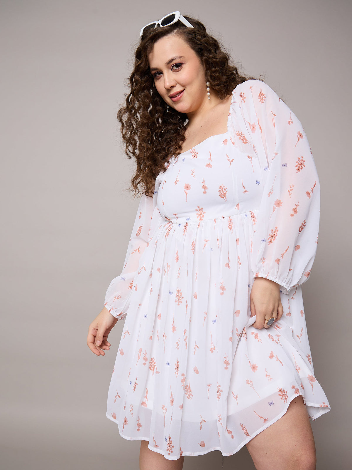 Brown Floral Square Neck Short Skater Dress-SASSAFRAS Curve