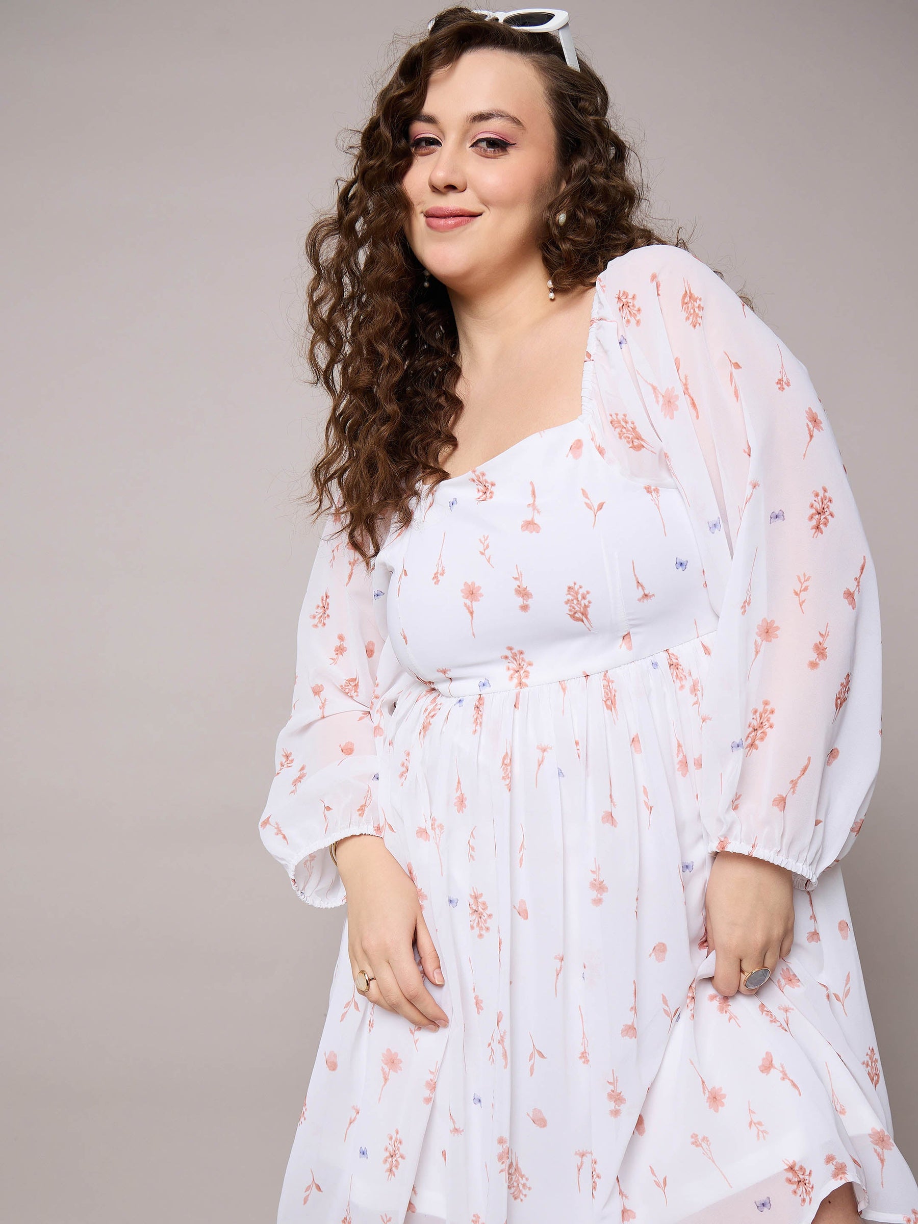Brown Floral Square Neck Short Skater Dress-SASSAFRAS Curve