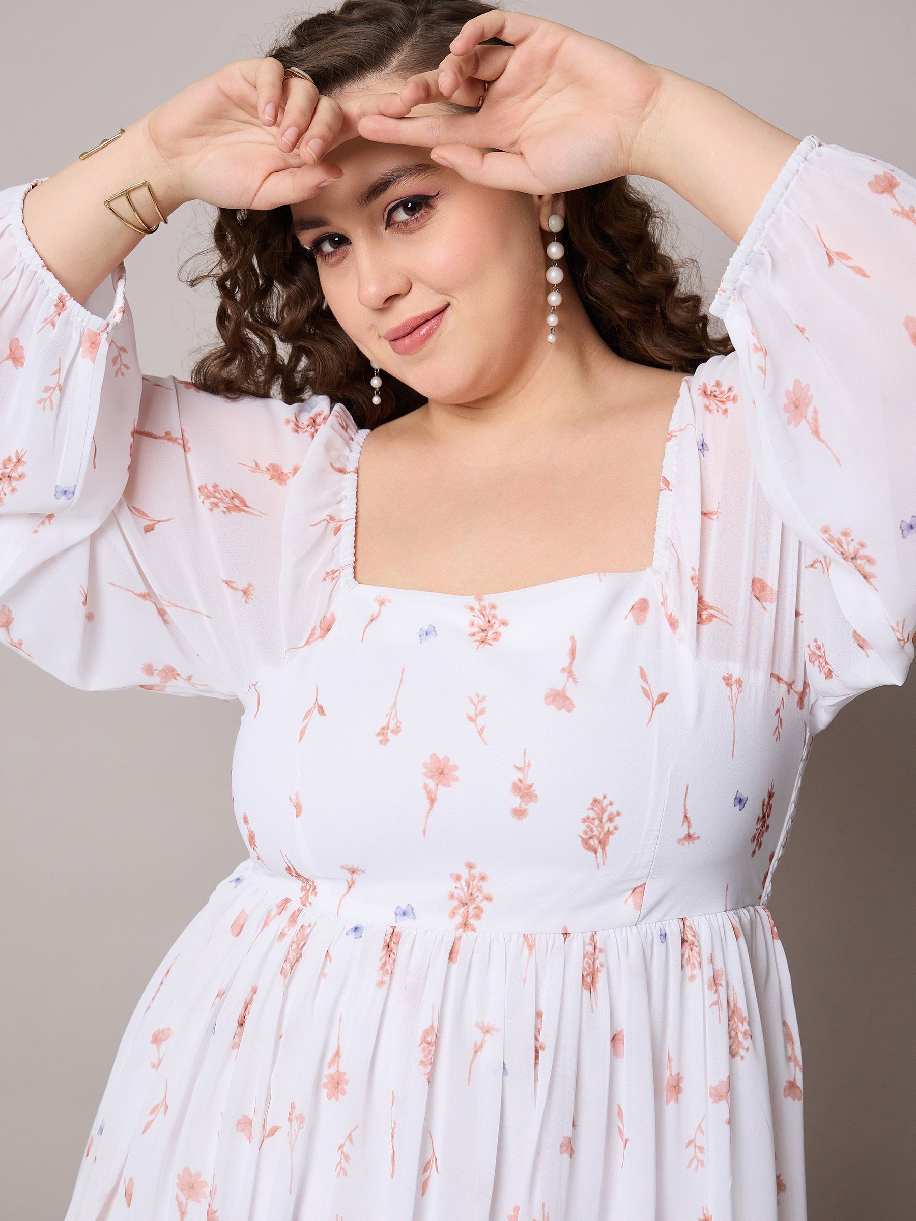 Brown Floral Square Neck Short Skater Dress-SASSAFRAS Curve