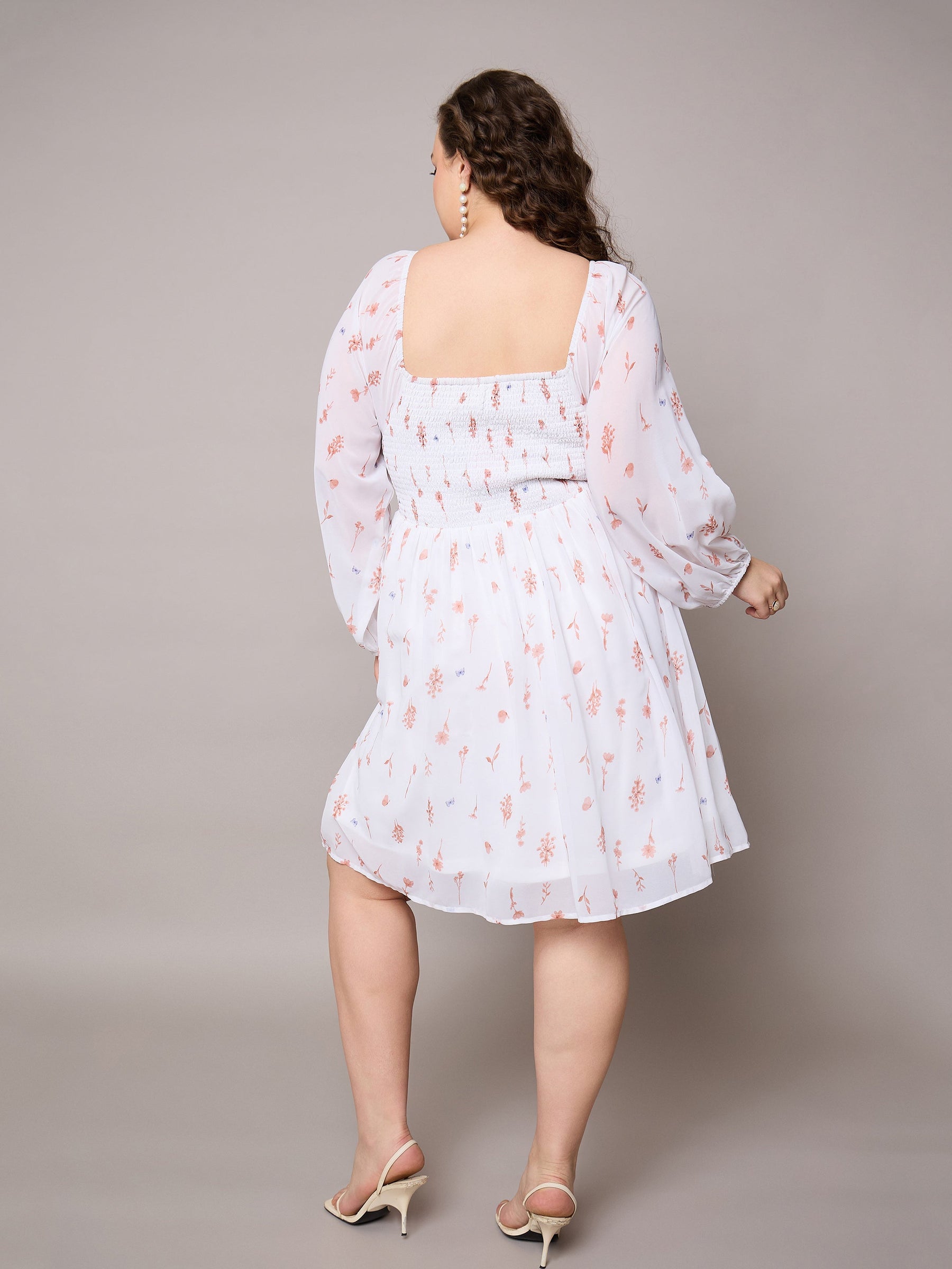 Brown Floral Square Neck Short Skater Dress-SASSAFRAS Curve