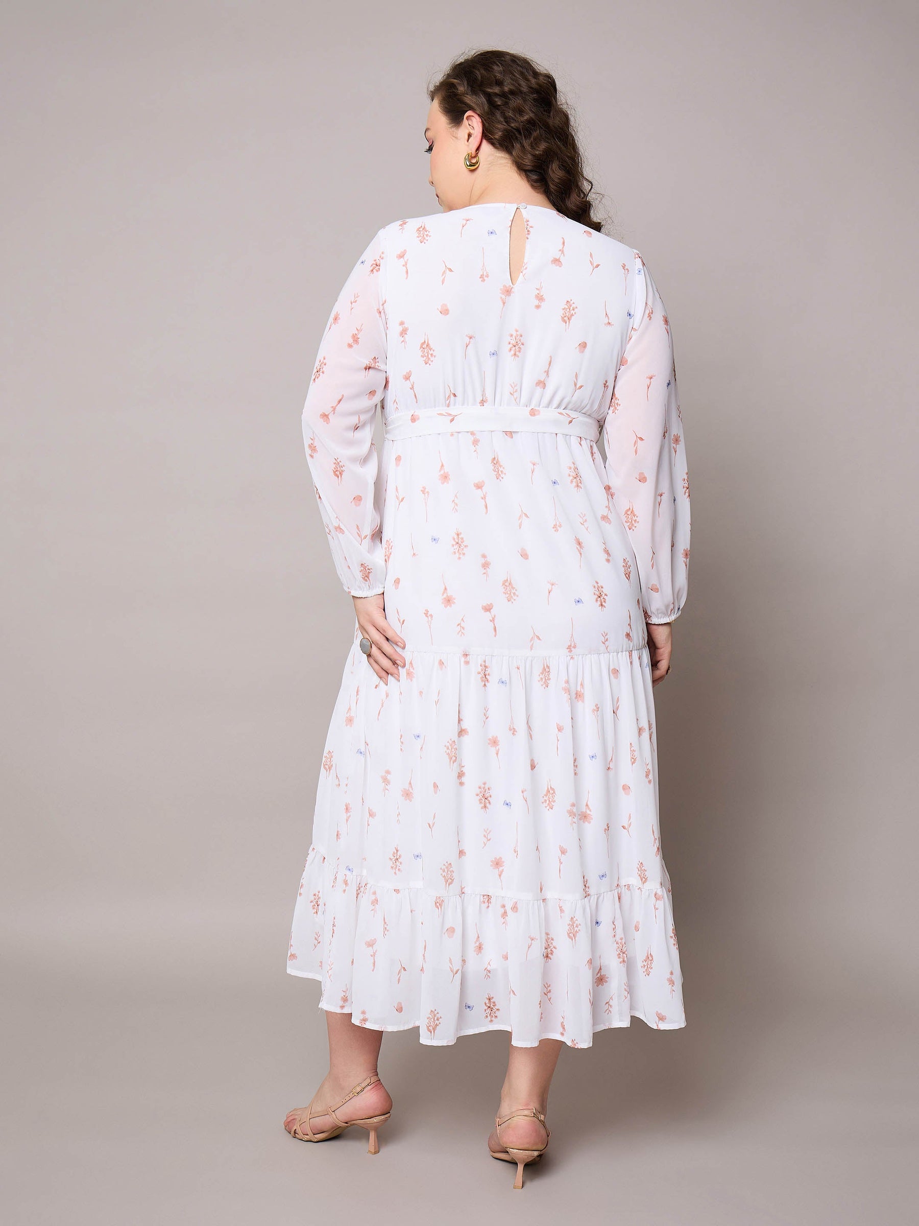 Brown Floral Tiered Maxi Dress-SASSAFRAS Curve