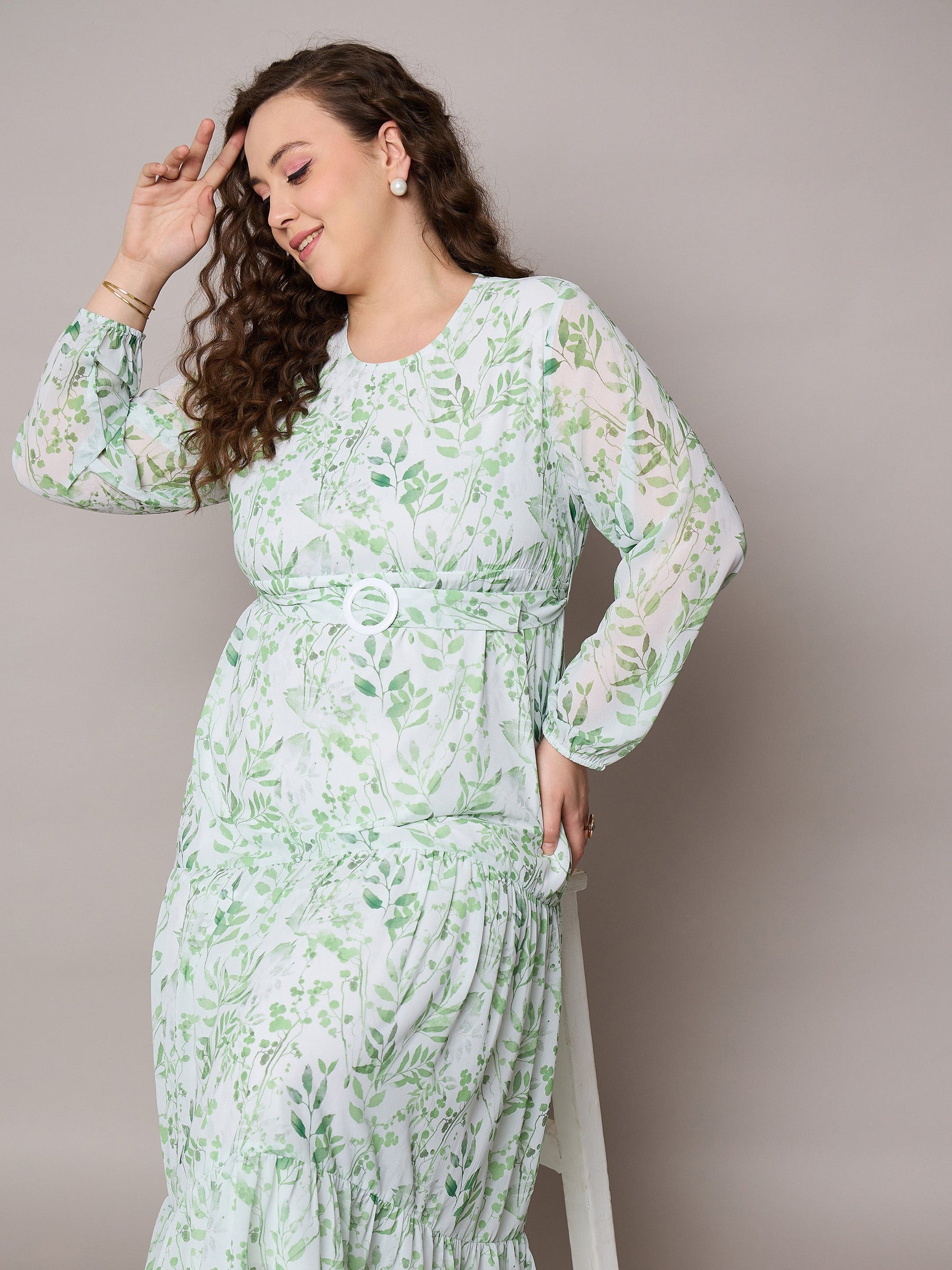 Green Floral Tiered Maxi Dress-SASSAFRAS Curve