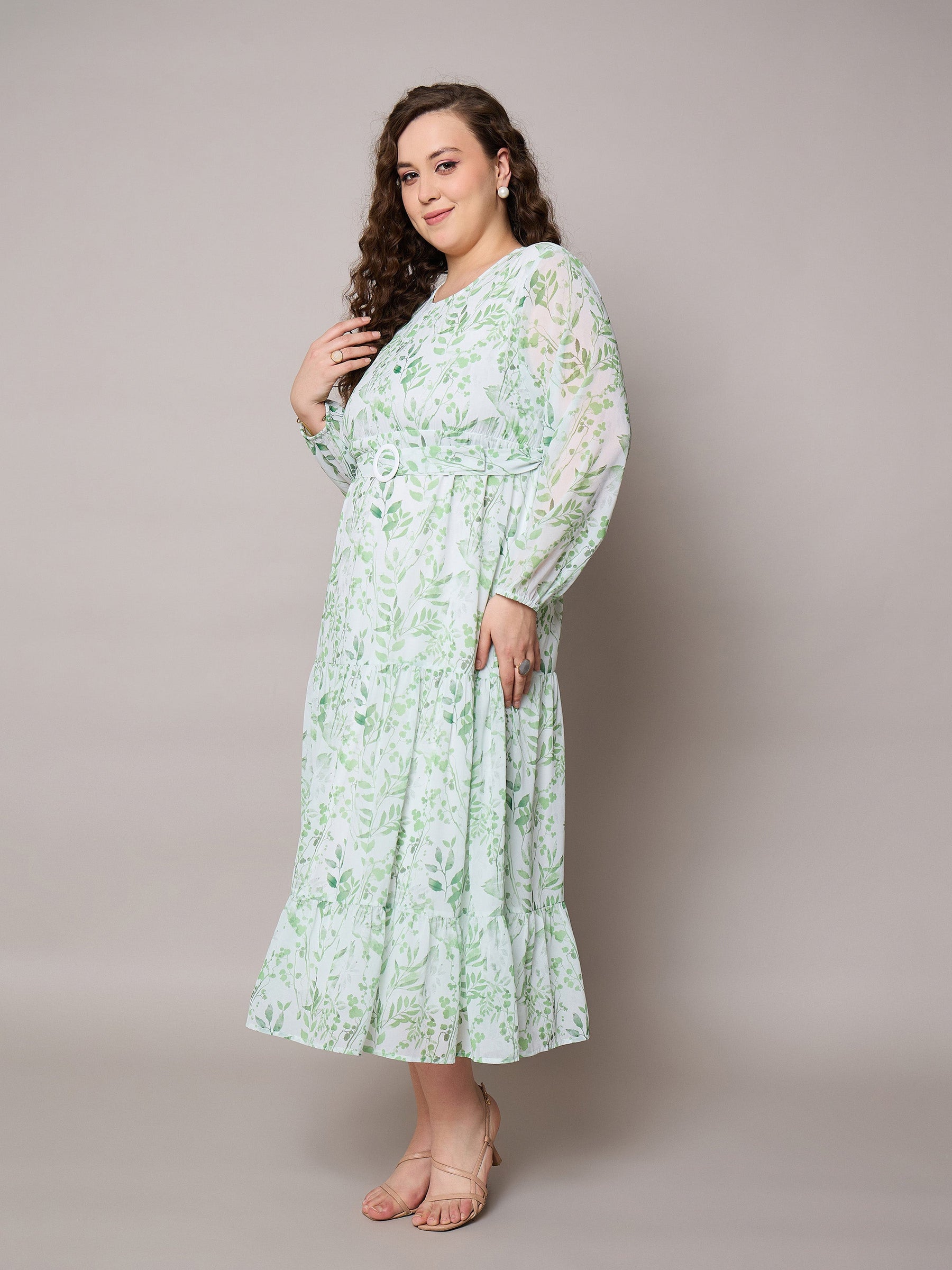 Green Floral Tiered Maxi Dress-SASSAFRAS Curve
