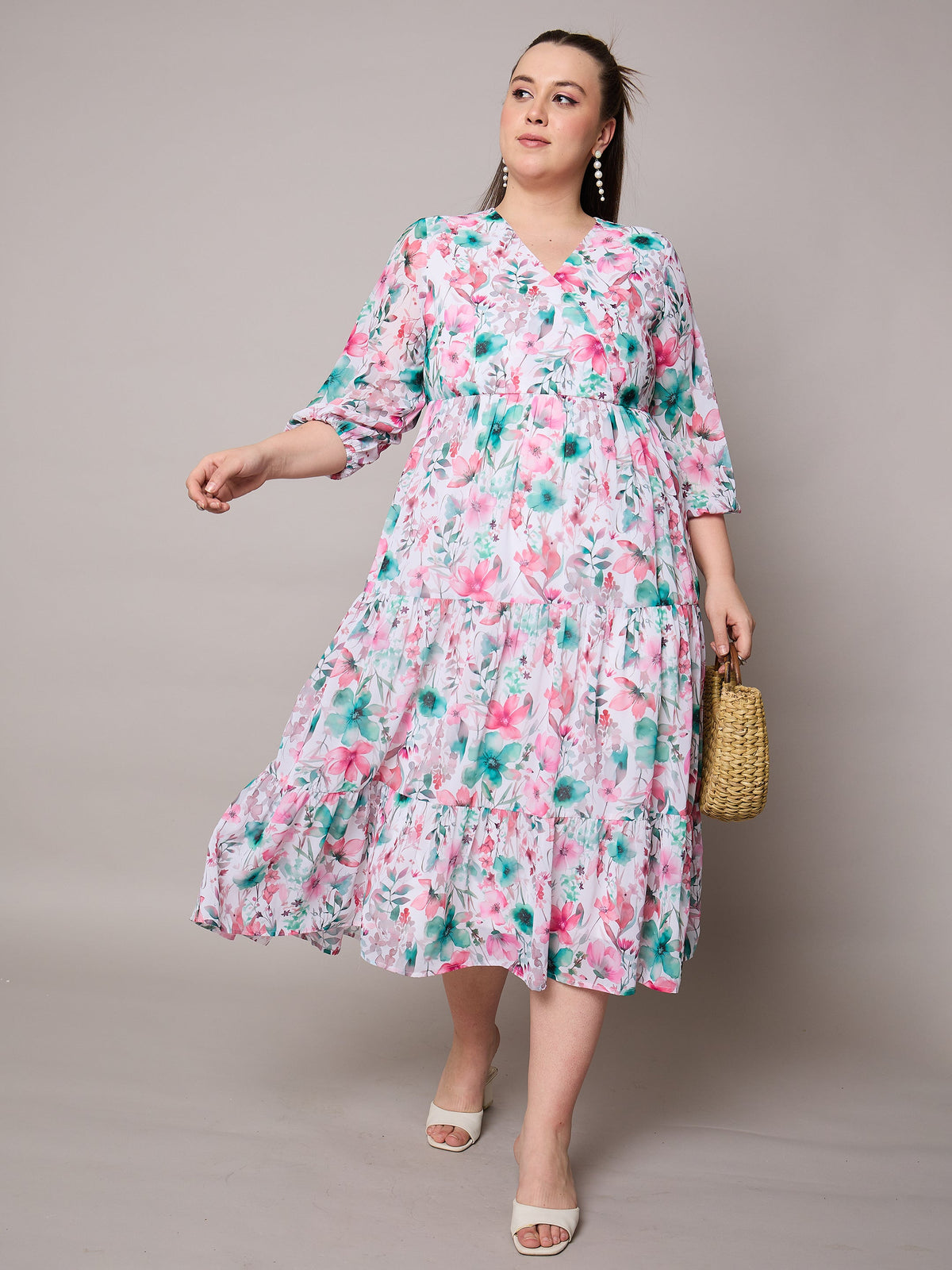 Pink Floral Wrap Neck Tiered Midi Dress-SASSAFRAS Curve