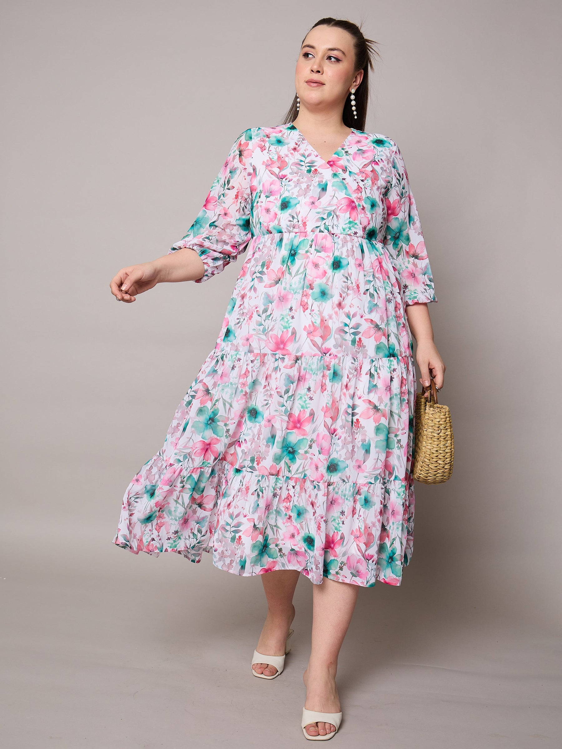 Pink Floral Wrap Neck Tiered Midi Dress-SASSAFRAS Curve