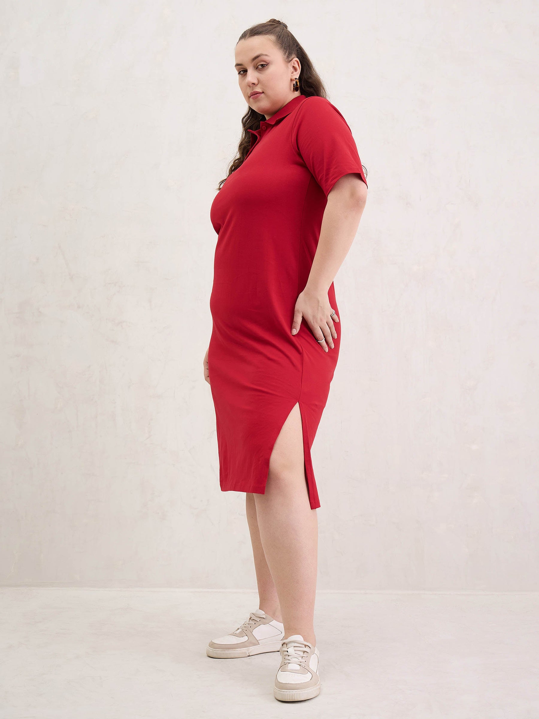 Red Polo Neck Side Slit Midi Dress-SASSAFRAS Curve