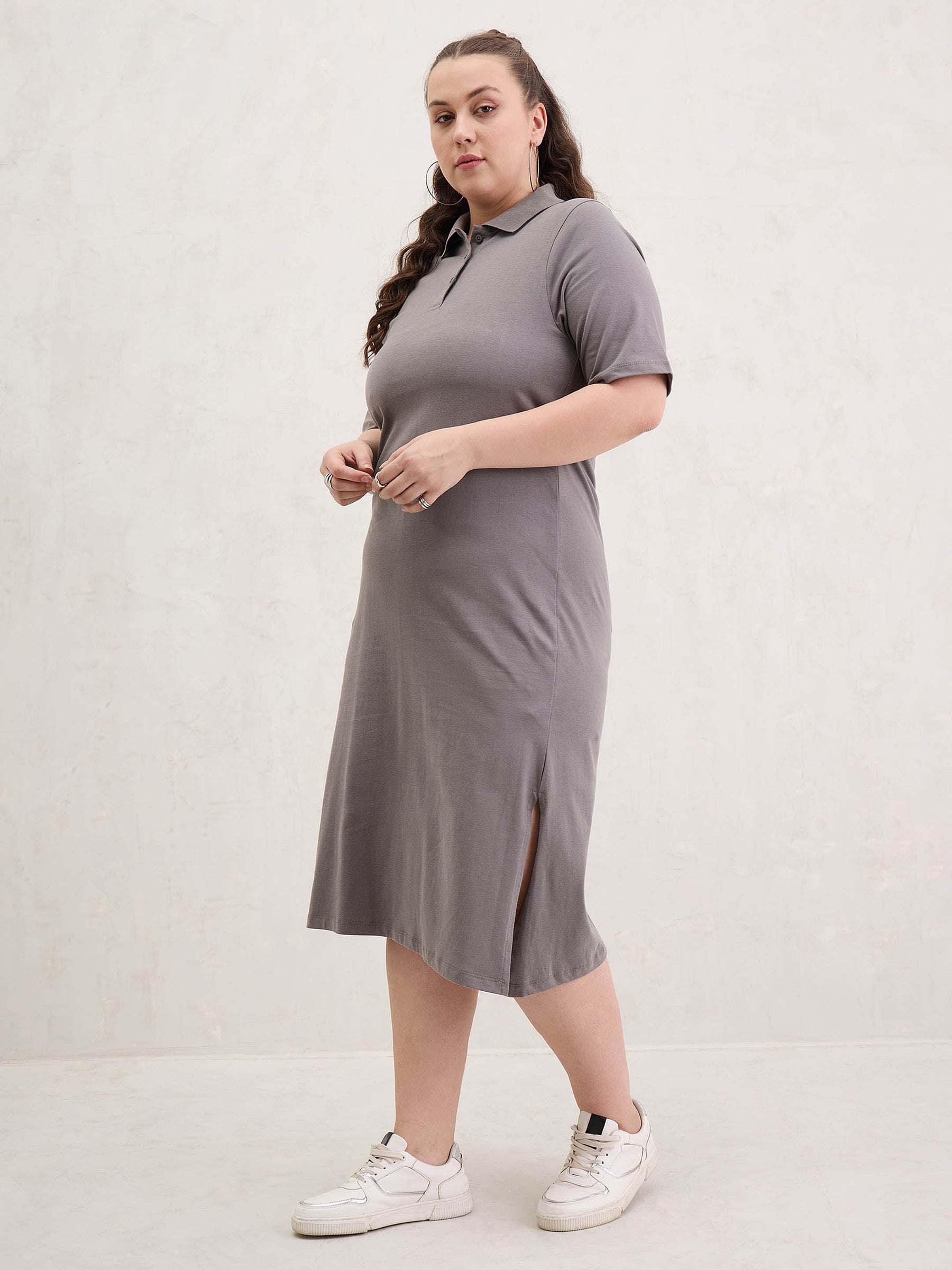 Grey Polo Neck Side Slit Midi Dress-SASSAFRAS Curve