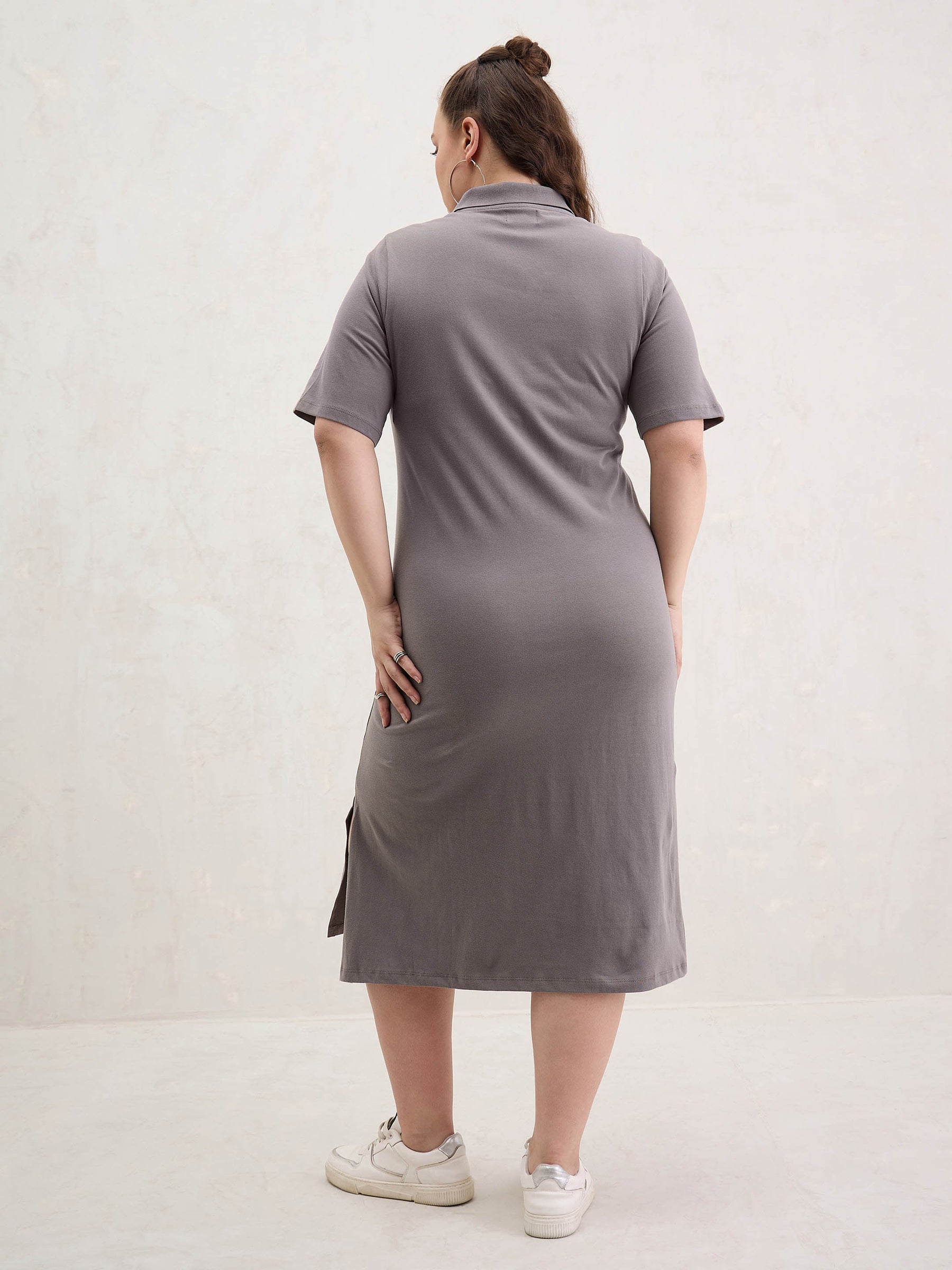 Grey Polo Neck Side Slit Midi Dress-SASSAFRAS Curve