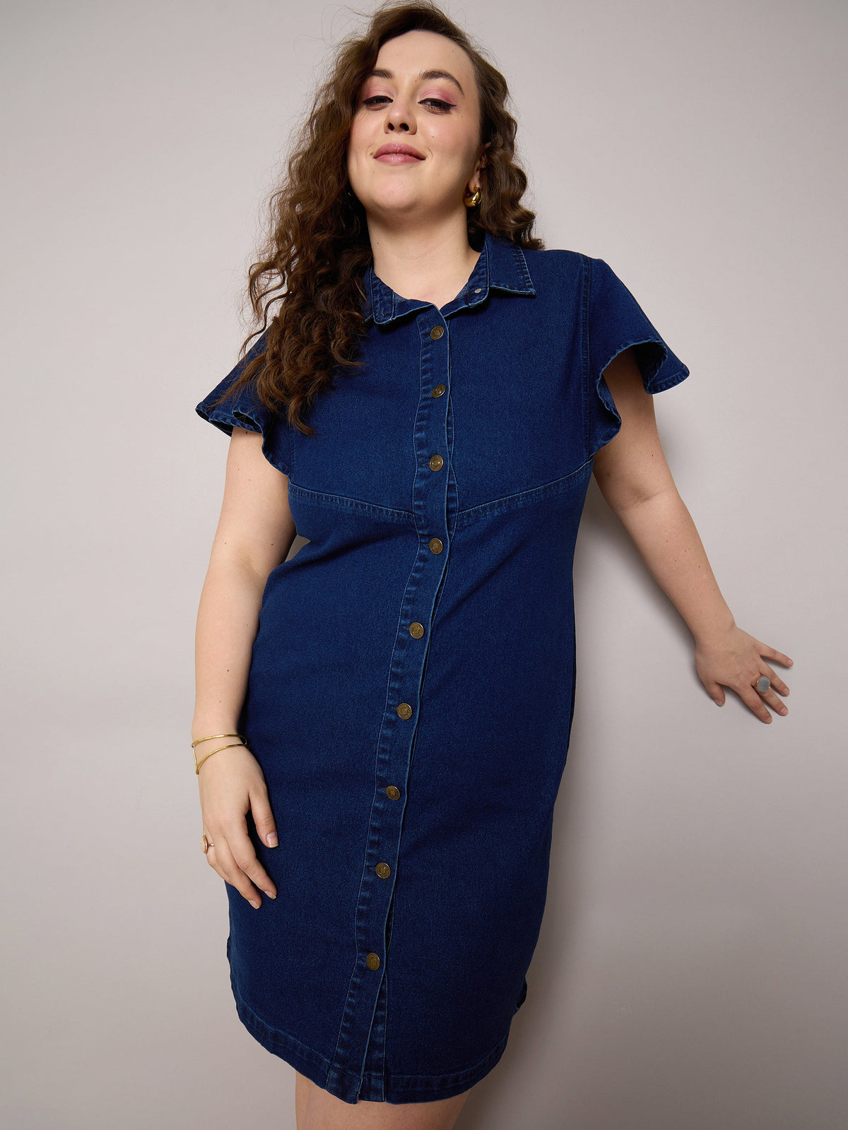 Navy Denim Front Button Short Dress-SASSAFRAS Curve