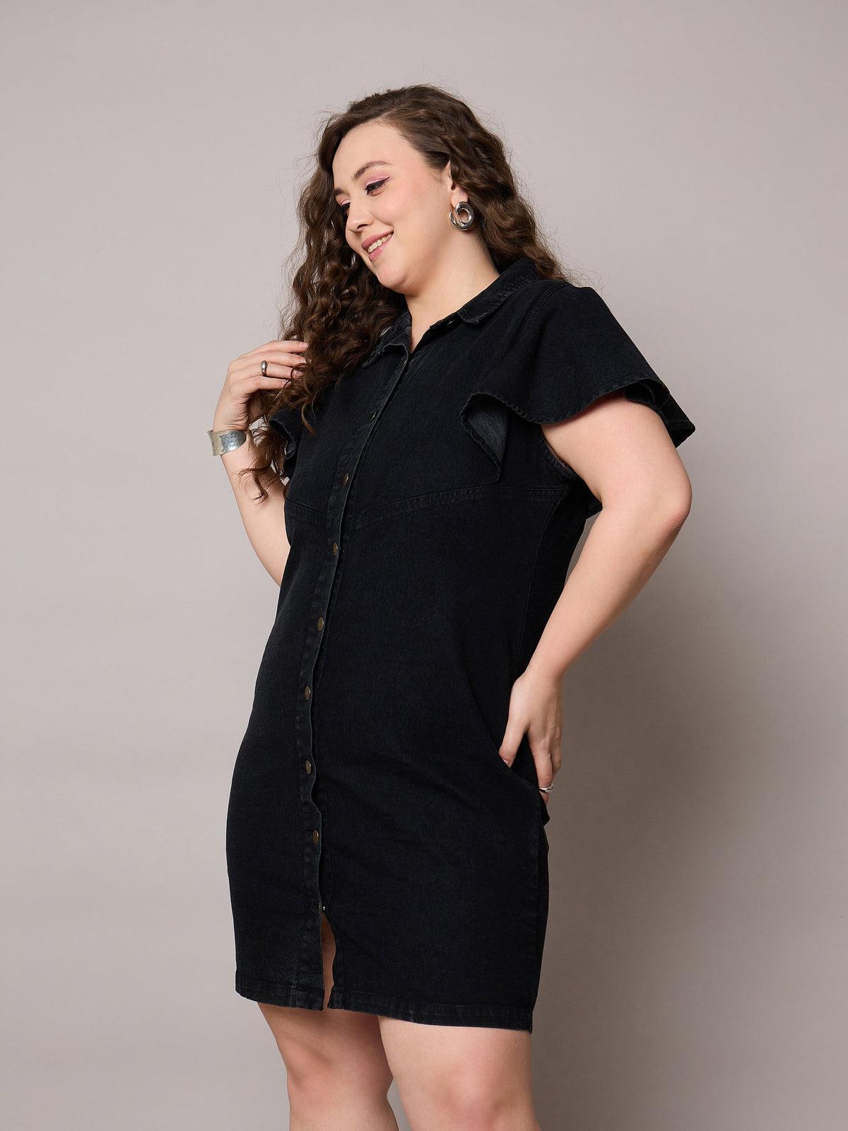 Black Denim Front Button Short Dress-SASSAFRAS Curve
