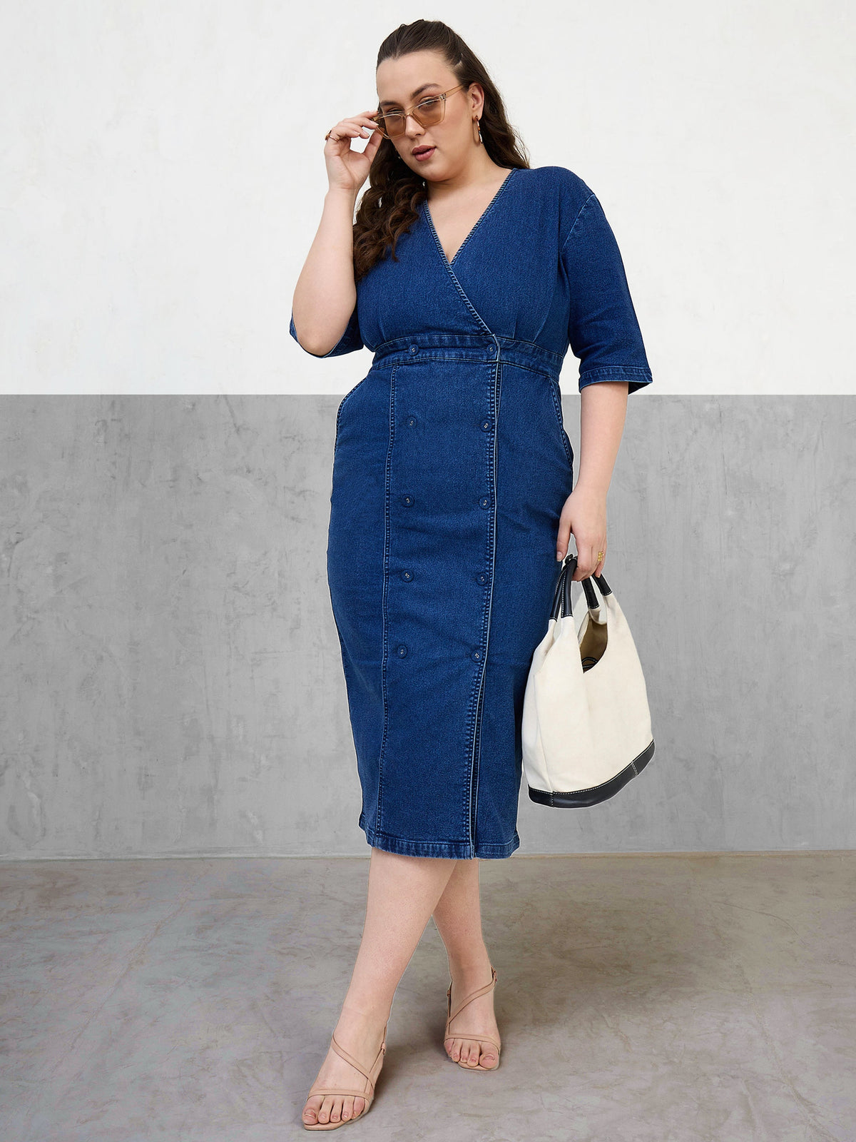 Navy Denim Wrap Neck Midi Dress-SASSAFRAS Curve