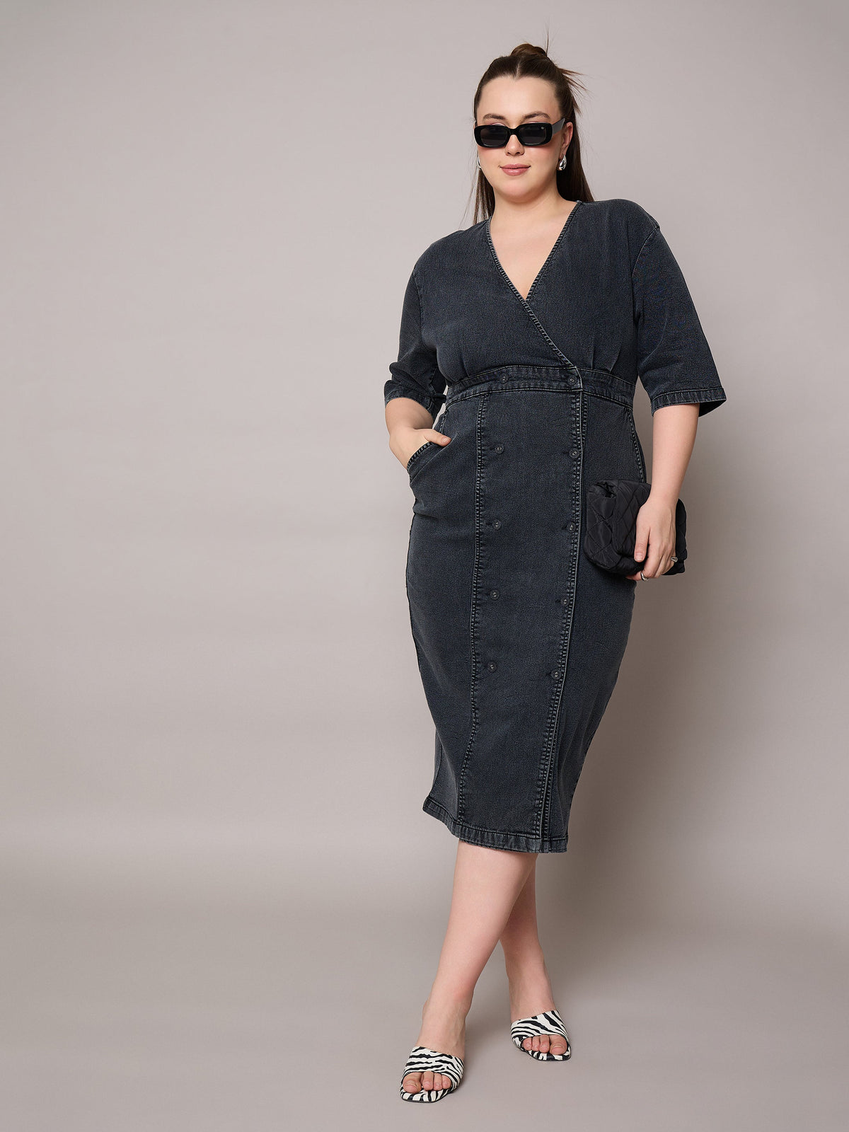 Black Denim Wrap Neck Midi Dress-SASSAFRAS Curve