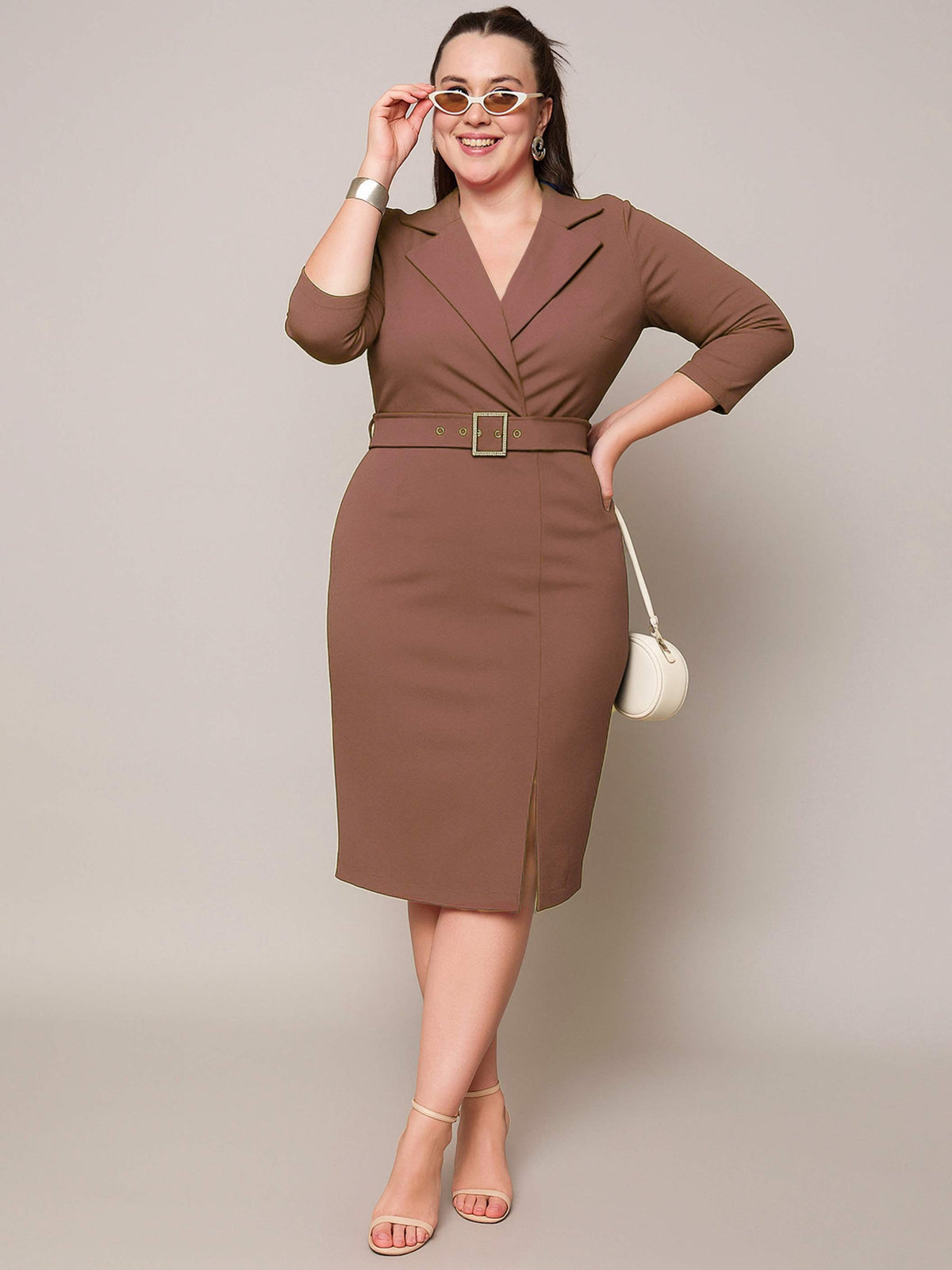 Brown Notch Collar Belted Bodycon Dress-SASSAFRAS Curve