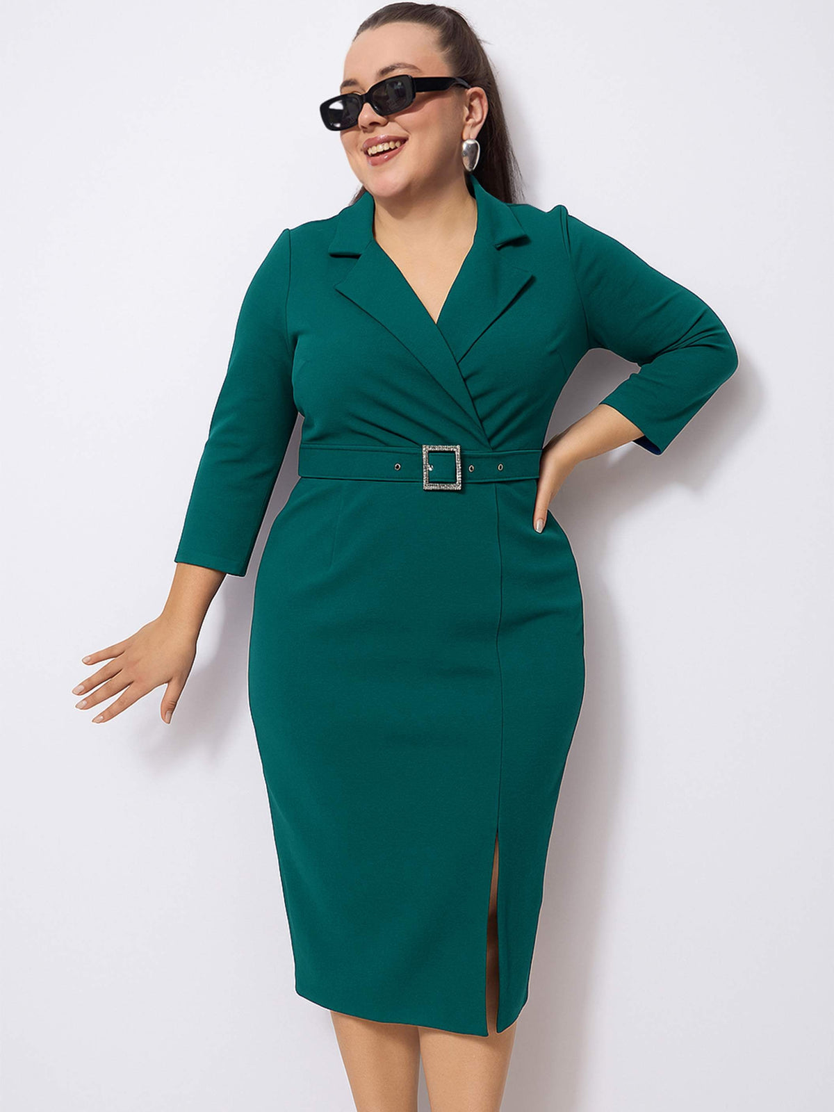 Green Notch Collar Belted Bodycon Dress-SASSAFRAS Curve