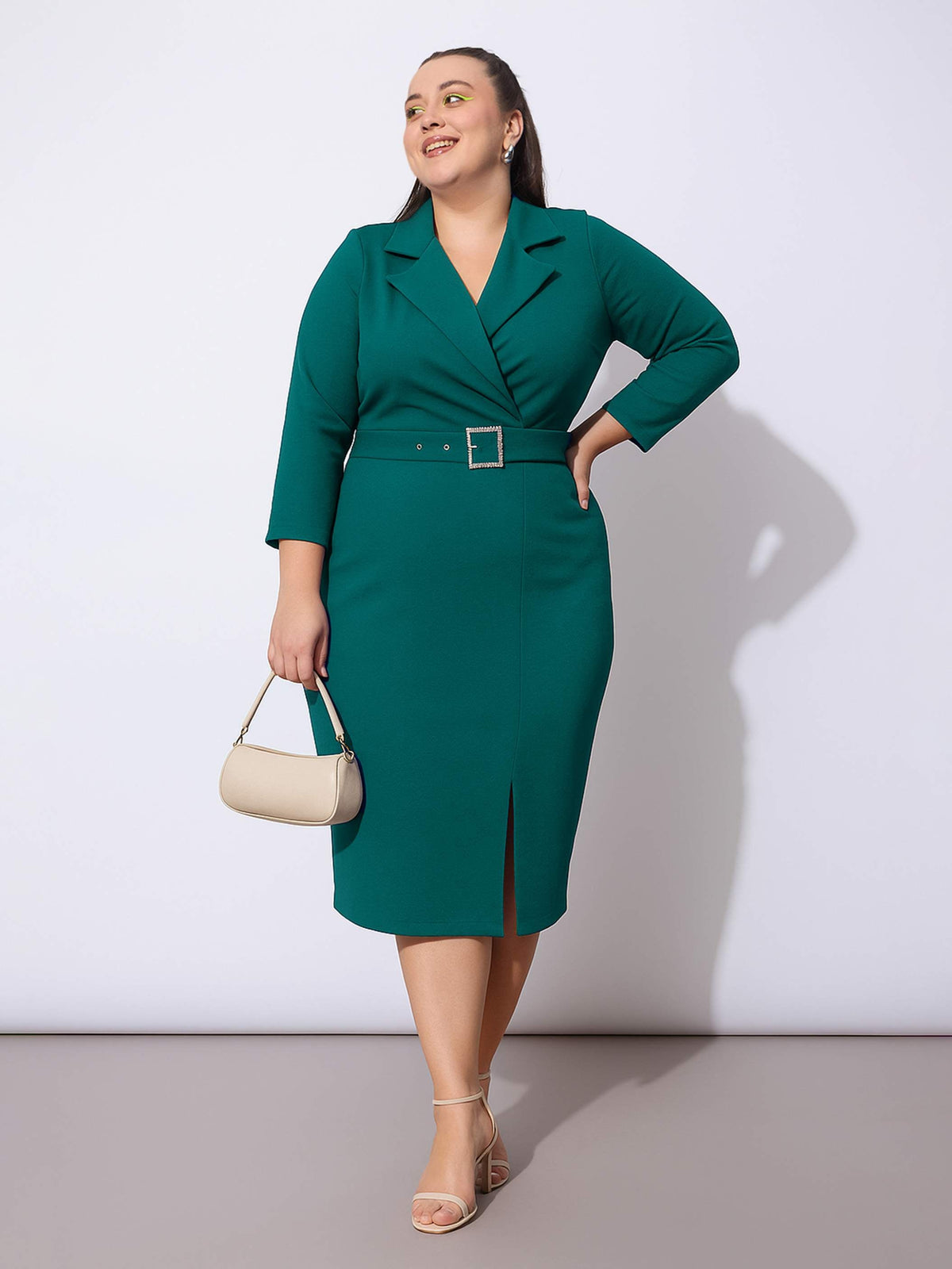 Green Notch Collar Belted Bodycon Dress-SASSAFRAS Curve