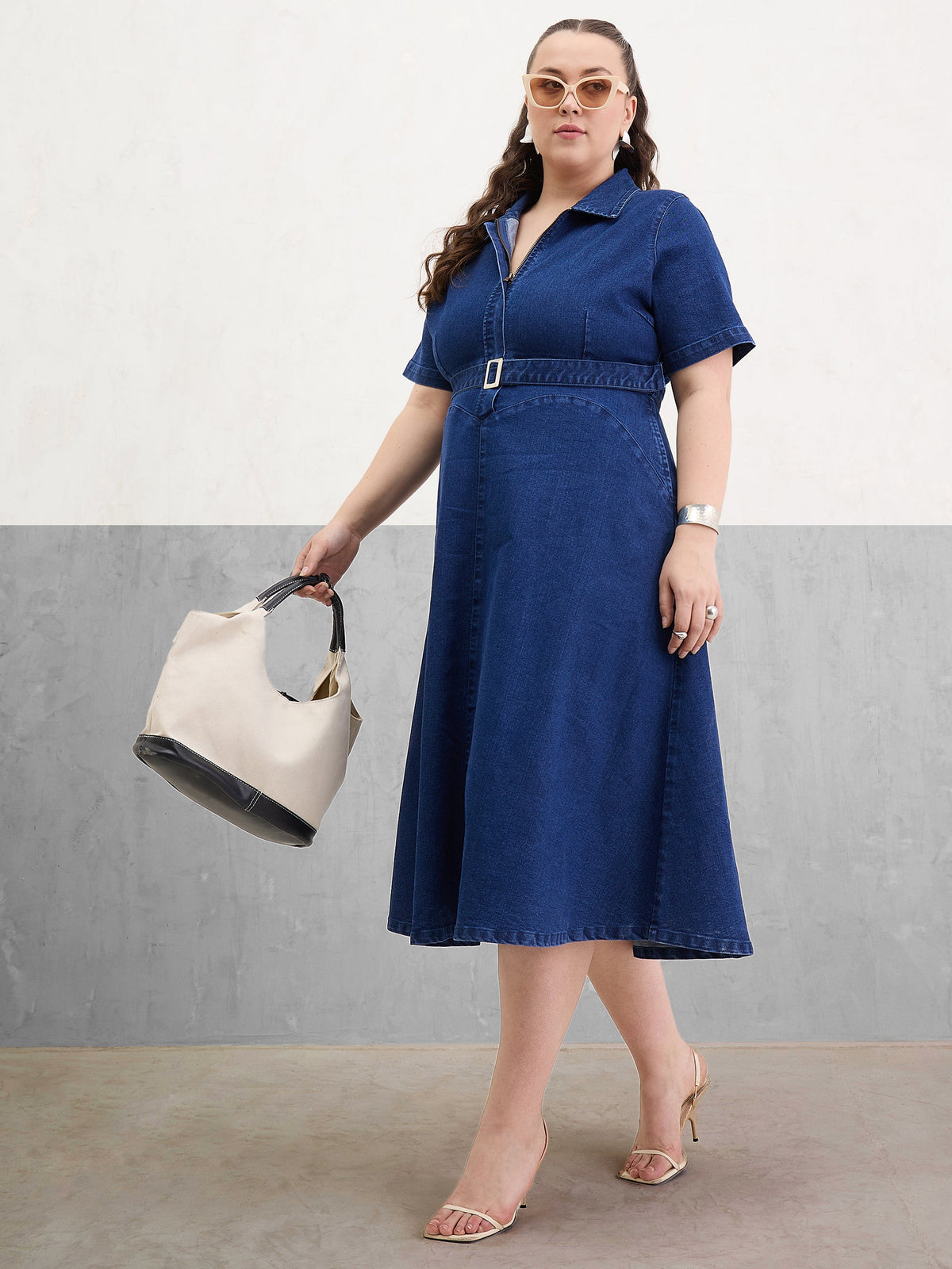 Navy Denim Front Zipper Flared Hem Midi Dress-SASSAFRAS Curve