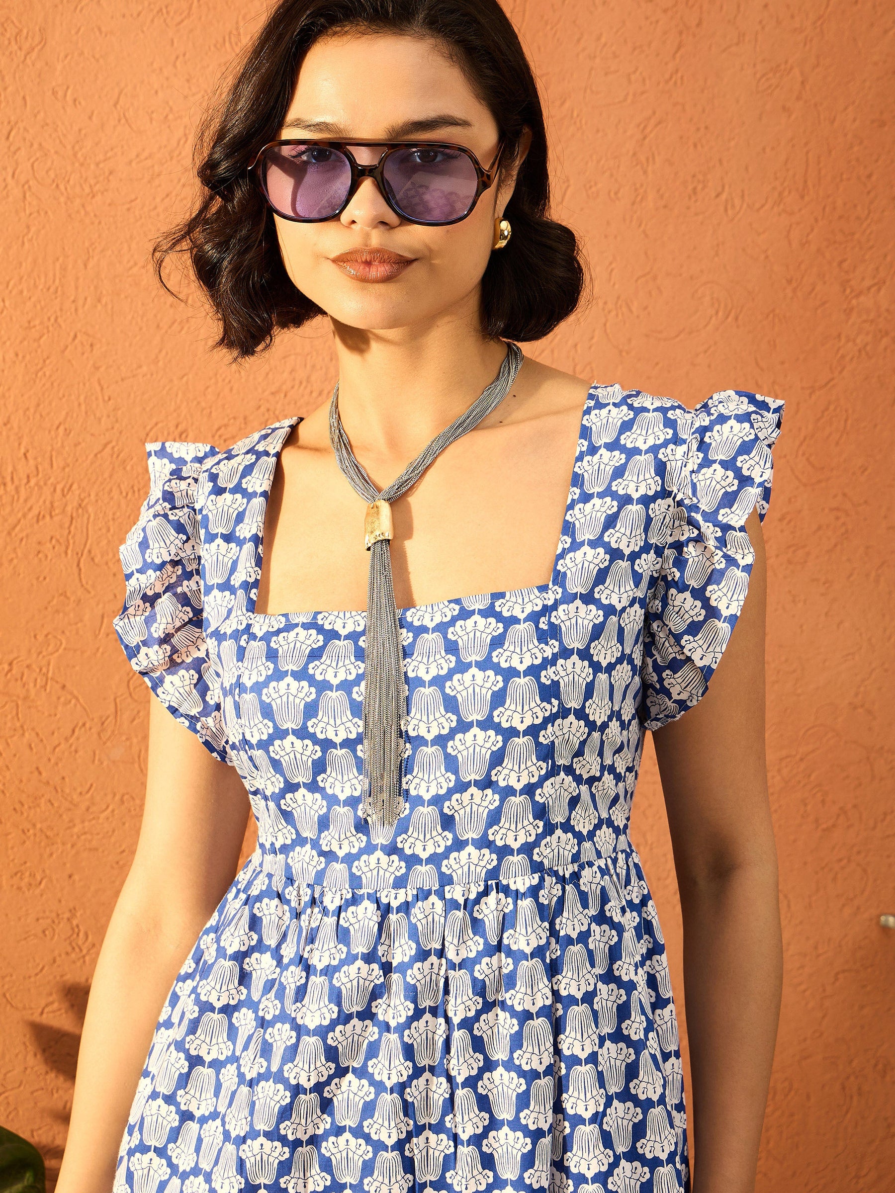 Blue & White Floral Back Knot Maxi Dress-Pink Paprika By SASSAFRAS